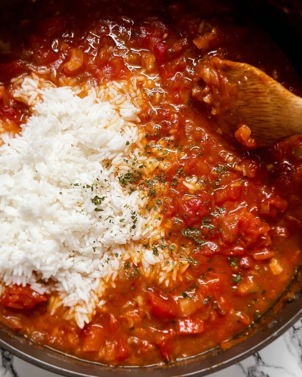 A close-up of a pot with two main layers: the bottom layer is a chunky red tomato sauce with visible diced tomatoes and herbs, showing a rich, somewhat thick texture. On top, there is a layer of white cooked rice, scattered unevenly over the sauce. A wooden spoon is stirring the mixture from the upper left corner, partially covered with sauce. The background has a white marbled texture. photo taken with an iphone --ar 4:5 --v 7