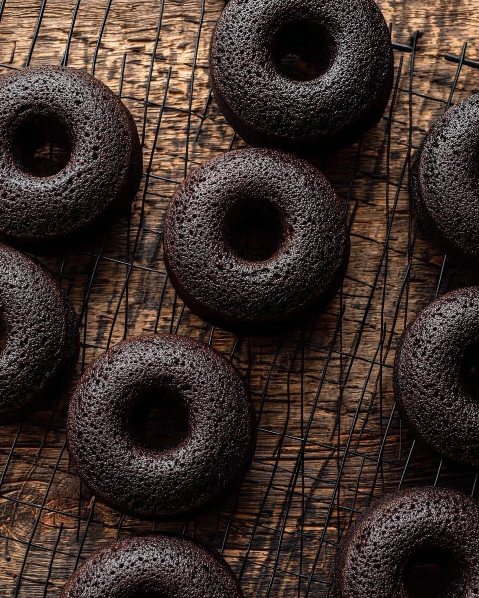 There are two silver metal baking trays placed side by side on a white marbled surface. Each tray has six donut-shaped cavities filled with dark chocolate batter. The donuts have a glossy texture and slightly rise above the edges of the trays. The top row of each tray features three buns with a small raised center hole, while the bottom row has two flower-shaped buns and one plain donut on the far right. The overall look is neat and shows the smooth, rich batter ready to be baked photo taken with an iphone --ar 4:5 --v 7