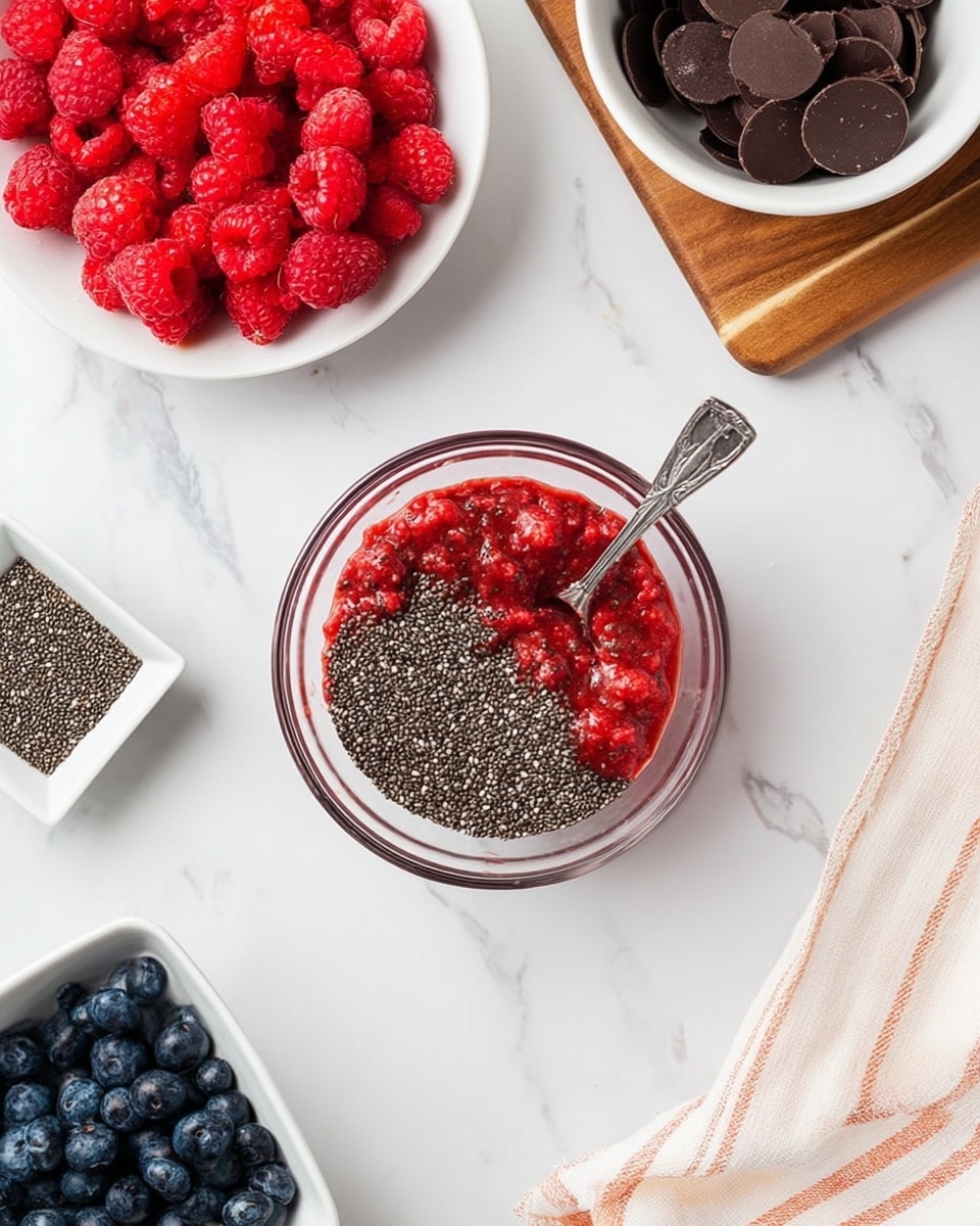 A clear glass bowl sits in the center on a white marbled surface, filled with bright red crushed raspberries and a thick layer of black and white chia seeds spread evenly on top, with a silver spoon resting inside the bowl. Nearby, a square white bowl filled with small black chia seeds is placed on the left side. On the top left, a white bowl holds a pile of fresh red raspberries. To the top right, a white bowl filled with dark chocolate discs sits on a wooden cutting board with a few chocolate discs scattered nearby. At the bottom right corner, a white bowl contains fresh deep blue blueberries. A beige cloth with light pink stripes lies loosely on the lower left of the white marbled surface. Photo taken with an iphone --ar 4:5 --v 7