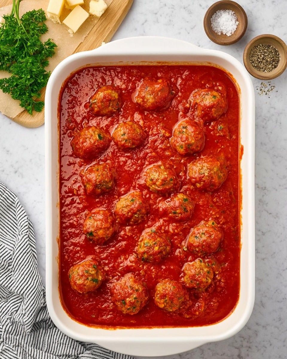 Saucy Meatball Spinach Parmesan Recipe 5 A white rectangular baking dish filled with a single thick layer of bright red tomato sauce covering about 15 evenly spaced meatballs that are round and slightly textured with bits of green herbs visible. The dish is set on a white marbled surface with a beige wooden board holding some parsley and chunks of pale yellow cheese in the top left corner, and small round bowls with black pepper and salt near the top right. A white and black striped cloth is partly visible at the bottom left corner. The scene is well-lit and the sauce looks smooth with a few small bubbles. Photo taken with an iphone --ar 4:5 --v 7