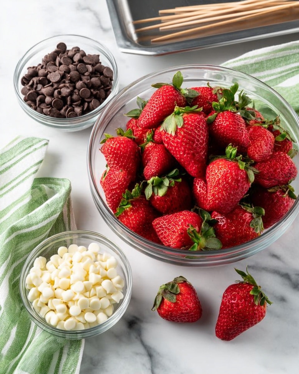 The image shows three clear glass bowls on a white marbled surface with a green and white striped cloth nearby. The largest bowl is filled with fresh red strawberries with green leaves on top, and a few strawberries sit outside the bowl to the right. To the left, a smaller bowl contains small dark brown chocolate chips, and behind the strawberries, another bowl holds white chocolate chips. Light wooden skewers lie in front of the chocolate chip bowl, and a silver rectangular tray is partially visible behind the bowls. Photo taken with an iphone --ar 4:5 --v 7