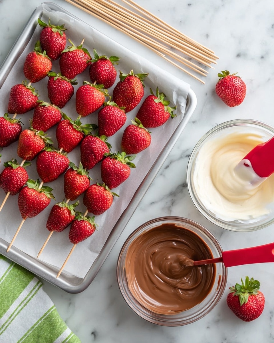 The image shows a white marbled surface with a tray lined with white parchment paper holding fresh red strawberries on wooden skewers arranged in rows. To the right of the tray, there are two clear glass bowls: one filled with smooth light brown melted chocolate and the other with creamy white melted chocolate. A few loose strawberries are scattered near the bowls and a red spatula is partially visible under one bowl. A bunch of unused wooden skewers lies on the left side near a green and white striped cloth. photo taken with an iphone --ar 4:5 --v 7