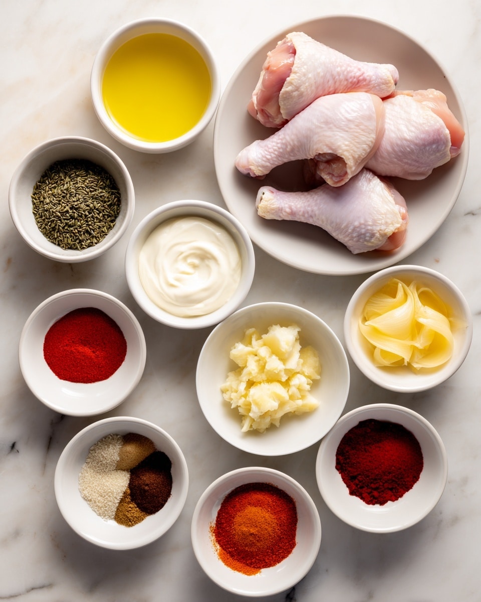 The image shows a top-down view of several small white bowls arranged neatly on a white marbled surface. In the center at the top, a white bowl holds four raw chicken leg pieces, light pink in color with visible skin texture. Surrounding the chicken bowl are smaller white bowls featuring different ingredients: a bowl with thick white yogurt in the center, a bowl with pale yellow butter curls to the right, and a bowl with pale yellow lemon juice below it. Near the top left is a bowl of dried fenugreek, showing green and brown flakes. To the left of the yogurt are bowls with golden-yellow oil, finely chopped garlic, and grated ginger which is light yellow. Below the chicken and yogurt, a white bowl holds a mix of ground spices in shades of dark brown, light brown, and orange. To the bottom right, two small white bowls contain bright red Kashmiri chili powder and deep red tomato paste, while below the ground spices is a bowl with reddish-orange food color. The bowls are arranged with some space but close together, layers are single ingredients in bowls, smooth or coarse in texture depending on the ingredient. Overall, the colors range from pale pink and cream to deep reds and browns, all placed on a clean white marbled surface with soft, natural lighting. photo taken with an iphone --ar 4:5 --v 7