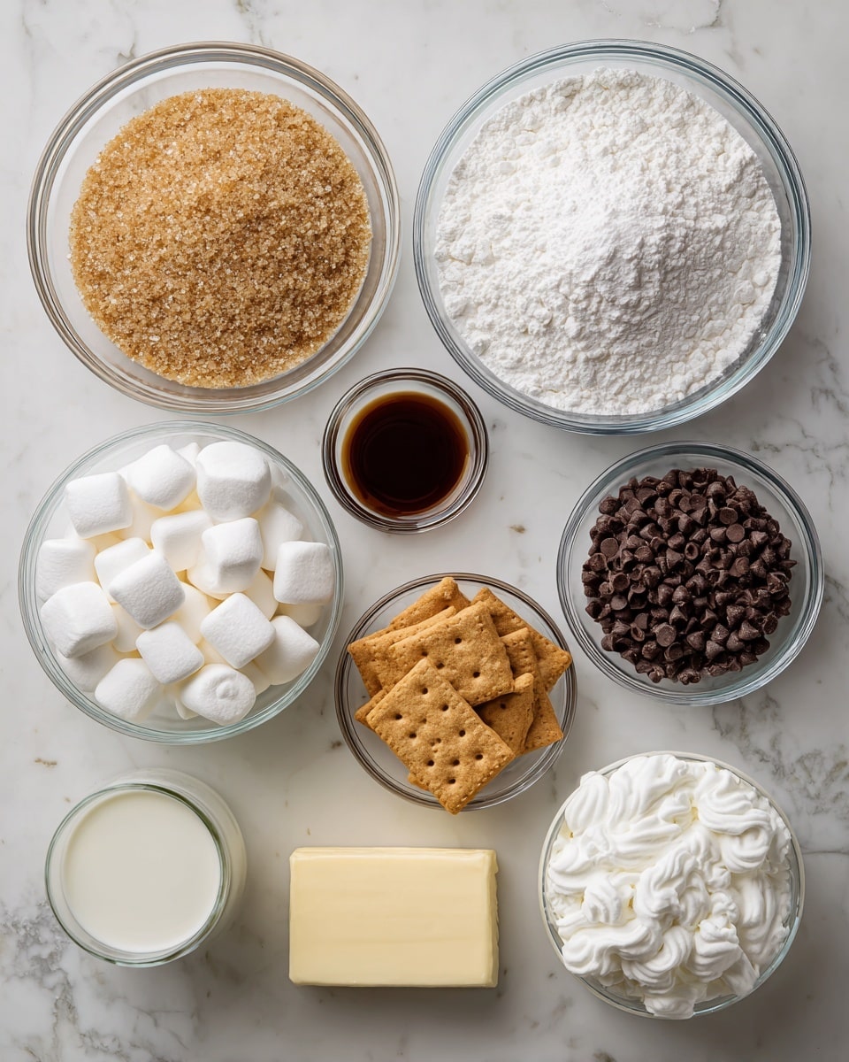 The image shows a clean arrangement of ingredients on a white marbled surface. There are eight clear glass bowls and one white bowl, each filled with a different ingredient. At the top left, a clear bowl holds light brown and white granulated sugar mixed together, showing a grainy texture. To the right of it, a bigger clear bowl is filled with fine white heat-treated flour with a small mound of salt on top. Below these, a small clear bowl holds dark brown vanilla extract, almost like a small pool of liquid. To the right of the vanilla extract is a clear bowl full of dark chocolate chips, showing glossy, uneven shapes. Below the sugar bowl, a white bowl contains white mini marshmallows, round and soft-looking. Next to it, a clear bowl has broken golden-brown graham crackers with rough edges. Below the mini marshmallows is a clear glass of white milk, smooth and opaque. To the right of the milk is a white bowl with fluffy, white marshmallow creme, soft and cloud-like in texture. At the bottom center, a rectangular stick of unsalted butter with a pale yellow color and a smooth texture sits on the white marbled background. The overall feel is organized and inviting, showing all ingredients clearly. photo taken with an iphone --ar 4:5 --v 7