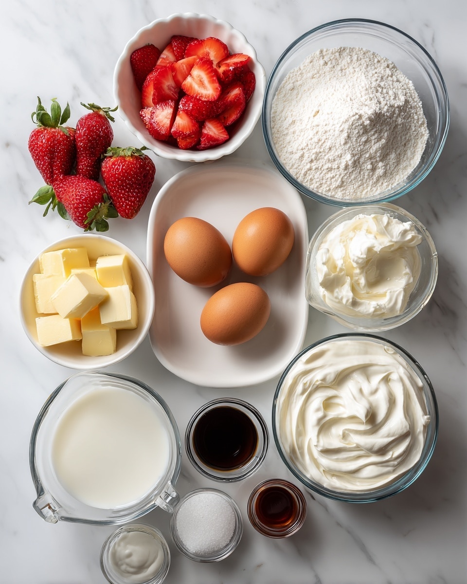 The image shows several clear and white bowls arranged neatly on a white marbled surface. From top left to bottom right, there is a small white fluted bowl filled with bright red sliced strawberries, next to a clear glass bowl containing white flour, sugar, and salt mixed together. Below the strawberries, a white bowl holds smooth white cream cheese. Three brown eggs rest in the middle among the bowls. A small clear glass bowl holds golden yellow unsalted butter cubes, and beside it is a small bowl with a dollop of white sour cream. A larger clear glass bowl contains white heavy whipping cream, while a larger clear glass measuring cup holds white milk. Near the bottom left, there is a small clear bowl filled with white granulated sugar, and two small bottles of food coloring sit next to it. In the center, a tiny glass bowl holds a dark brown vanilla extract. The whole setup is clean and organized with the ingredients clearly visible. photo taken with an iphone --ar 4:5 --v 7