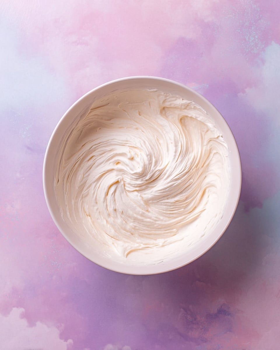 A white bowl filled with smooth, creamy white frosting that has been softly swirled to create delicate, airy ridges and peaks, giving it a light and fluffy texture. The bowl sits on a pastel pink and purple gradient with subtle cloud-like patterns, contrasting with the white frosting inside. The frosting looks soft and thick, with swirls that suggest it has just been mixed and is ready to be spread or piped. Photo taken with an iphone --ar 4:5 --v 7