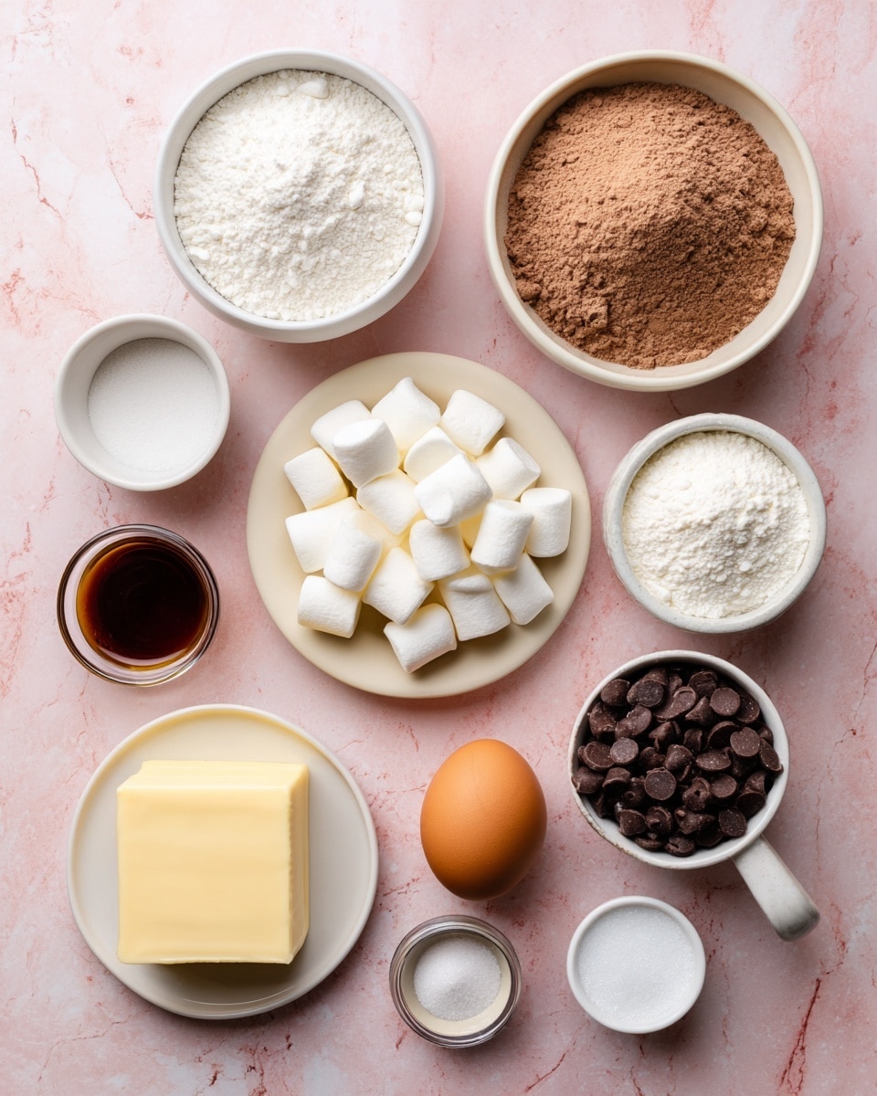 The image shows ingredients for a recipe arranged neatly on a white marbled surface. There are 11 items: a small white bowl of white powder labeled