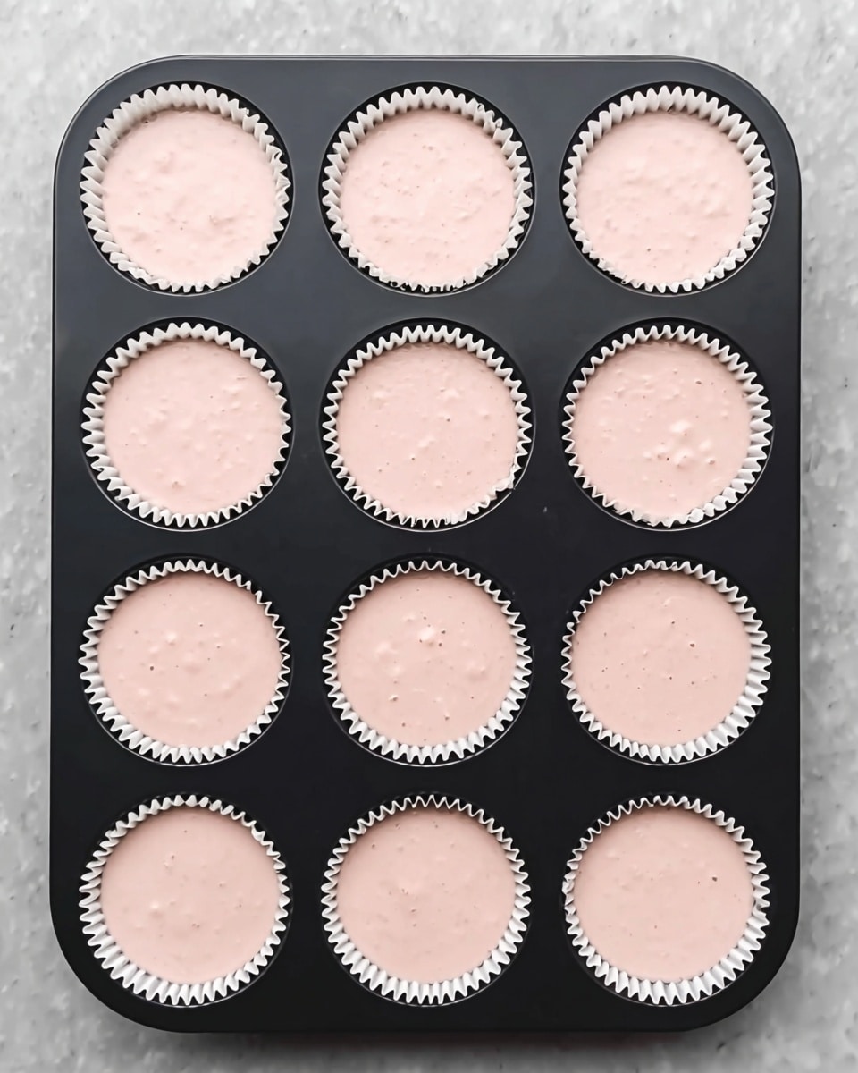 The image shows a black muffin tray with twelve white cupcake liners evenly filled with a light pink batter. Each liner is placed in its own slot, and the batter inside is smooth with a few small air bubbles visible. The batter fills most of each liner, leaving space at the top for rising. The texture of the batter looks creamy and slightly thick. The tray is placed on a white marbled surface. photo taken with an iphone --ar 4:5 --v 7