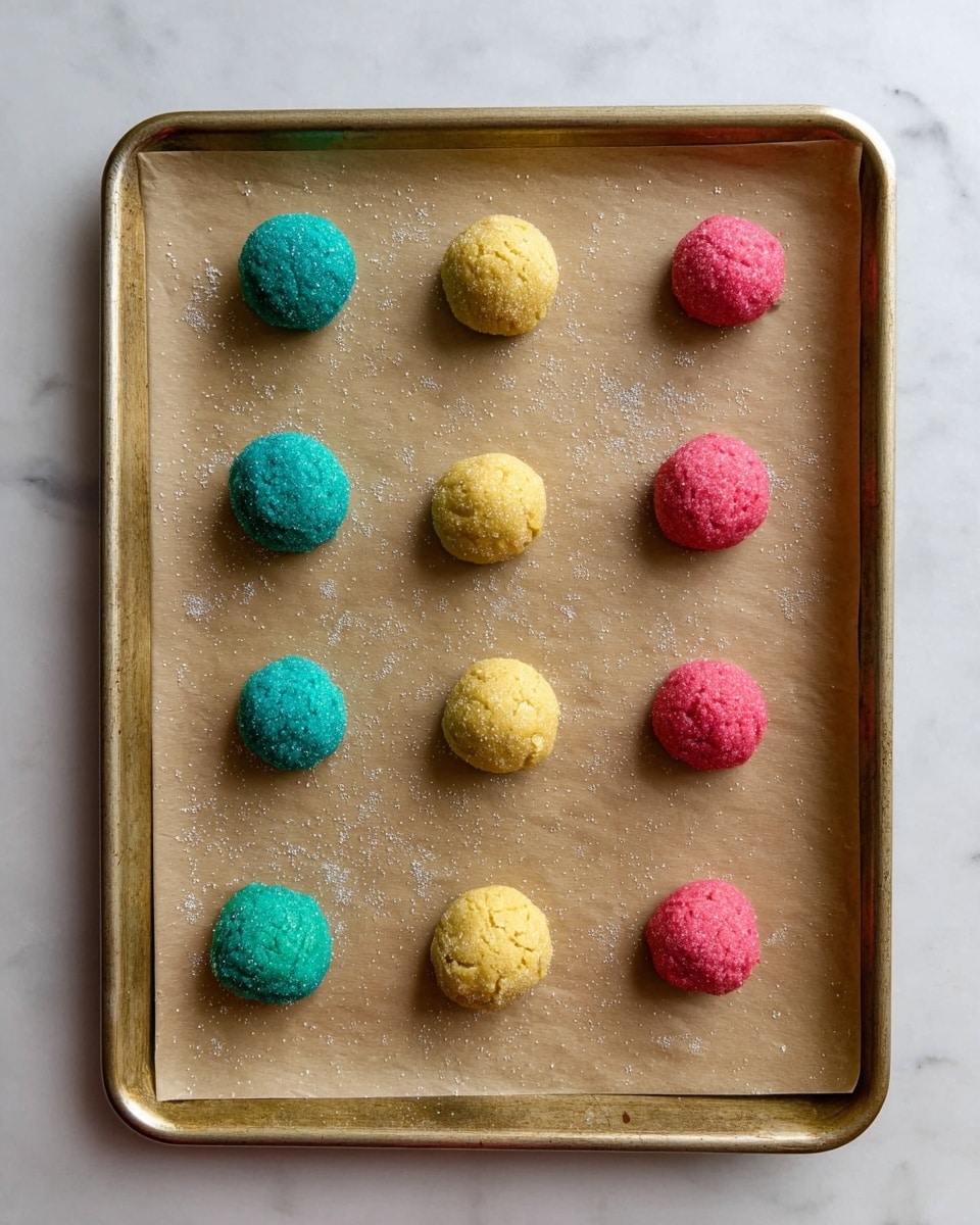 A baking sheet lined with light brown parchment paper holds nine round dough balls arranged in three rows and three columns. Each row features a different color of dough balls coated in sparkling sugar: the left row is teal blue, the middle row is golden yellow, and the right row is bright pink. The dough balls are small, smooth, and slightly rough-textured due to sugar coating, spaced evenly with light sugar sprinkles scattered around them on the parchment paper. The edge of the baking sheet is visible, placed on a white marbled surface. Photo taken with an iphone --ar 4:5 --v 7