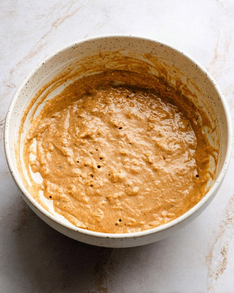 A speckled white bowl holds a thick, light brown batter that looks a bit lumpy and uneven in texture. The batter fills most of the bowl and has small holes and a slightly rough surface, with some parts showing a smoother mix. The bowl sits on a white marbled surface, and the inside edges have some streaks of batter. The lighting is soft, and the focus is on the batter’s details. Photo taken with an iphone --ar 4:5 --v 7