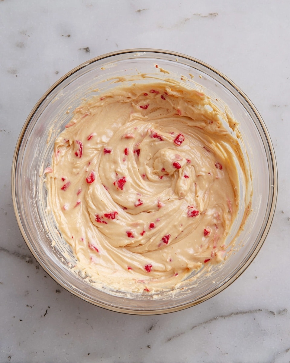 A clear glass bowl sits on a white marbled surface, filled with light beige batter that has a smooth and creamy texture. Mixed throughout the batter are small, bright red pieces of fruit, evenly scattered, adding pops of color. The batter is swirled with visible curves and ridges, showing it has been recently mixed. The edges of the bowl have some batter smudges, indicating active preparation. Photo taken with an iphone --ar 4:5 --v 7