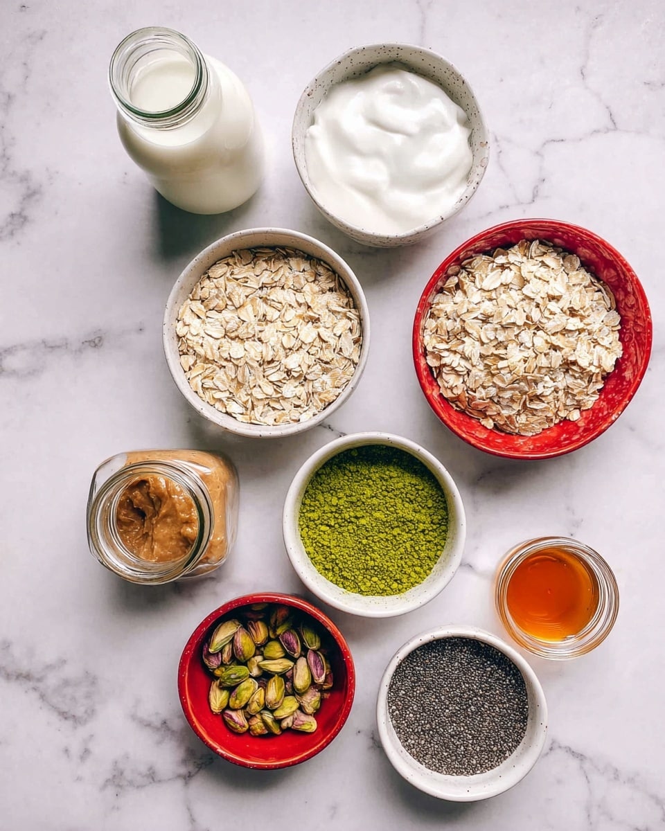 The image shows several small white bowls and a few glass jars arranged on a white marbled surface. There are two bowls filled with light beige rolled oats, one bowl with white creamy yogurt, one bowl filled with bright green matcha powder, and a red bowl with small brown pistachios inside. Another red bowl contains black chia seeds, next to a small glass jar of amber-colored honey. There is a jar with tan-colored nut butter and a small bottle of vanilla flavoring in the corner. A glass bottle of milk is also present on the left side. The items are spread out evenly, showing their textures and colors clearly. Photo taken with an iphone --ar 4:5 --v 7