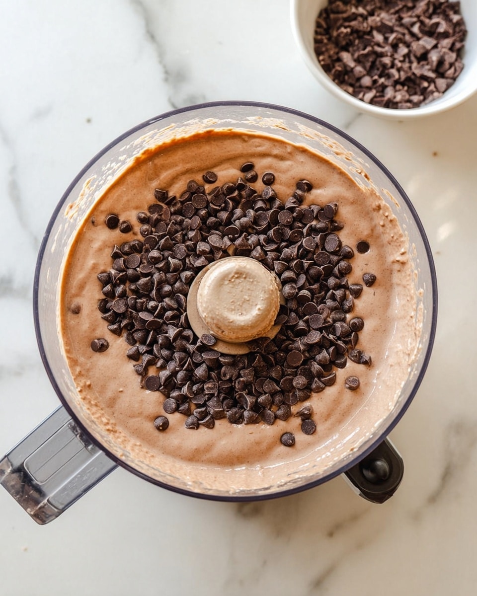The image shows a clear food processor bowl filled with a smooth, light brown chocolate mixture. On top of this mixture is a large pile of small, dark chocolate chips, spread mostly in the center. The food processor is placed on a white marbled surface, and in the background, there is a small white bowl filled with more chocolate pieces. The scene is bright and clean, showing the ingredients just before mixing. photo taken with an iphone --ar 4:5 --v 7