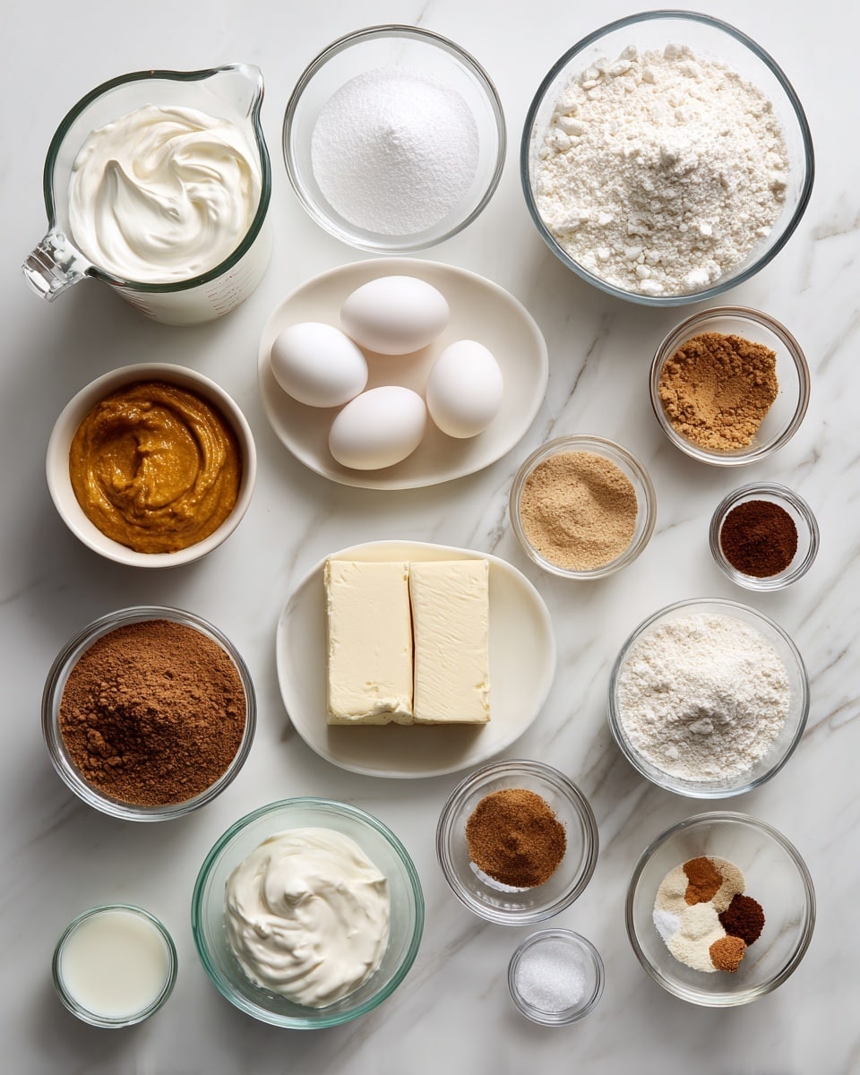 The image shows multiple clear glass bowls and measuring cups, each filled with different baking ingredients, all placed on a white marbled surface. Starting from the top left, there is a tall measuring cup filled with white heavy whipping cream, next to a small clear bowl of powdered sugar with a powdery white texture, a similar sized bowl filled with granulated white sugar, and a white plate holding two rectangular blocks of cream cheese with a smooth, creamy texture. Below these, there is a glass bowl with three white eggs, a smaller bowl filled with pumpkin puree showing a thick, smooth, bright orange texture, a small clear bowl with light brown powder of ginger, and a tiny bowl with white salt. Below this row are several small bowls and cups: one of sour cream that is off-white and creamy, one with light brown cinnamon powder, a small one with dark brown cloves powder, a medium-sized bowl of white all-purpose flour showing fine texture, a clear glass cup containing water, and a clear bowl filled with creamy white milk. At the bottom center, there is a small bowl of brown and golden light brown sugar, a small bowl of dark cocoa powder, a small pile of light brown nutmeg powder, a cup with clear vegetable oil, and a tiny bowl with white baking soda powder. All items are spaced out neatly in an organized manner, clearly showing textures and colors of each ingredient. photo taken with an iphone --ar 4:5 --v 7