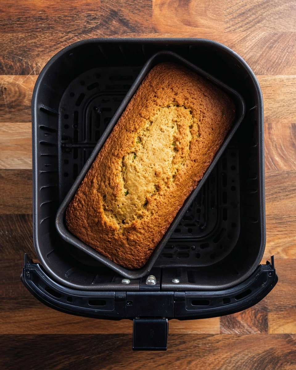 A single rectangular loaf of golden-brown bread with a rough and slightly cracked top surface is placed inside a black air fryer basket. The basket has a perforated base for air circulation and is shown inside the larger air fryer compartment. The loaf is evenly baked with some small green specks visible in the bread texture. This setup sits on a wooden surface replaced by a white marbled texture in the background. photo taken with an iphone --ar 4:5 --v 7