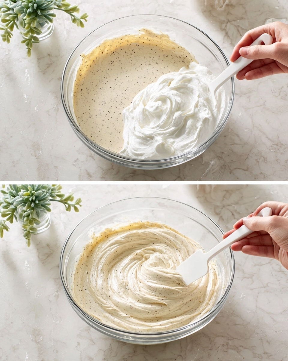 A clear glass bowl sits on a white marbled surface with a thick, light beige batter filled with tiny black specks. In the bowl's center, there is a large dollop of fluffy white whipped mixture resting on top of the batter, shown in the first image. In the second image, a woman's hand holds a white spatula stirring the batter smoothly, creating a creamy texture with even distribution of the black specks throughout. A green leafy plant and a white frame are softly blurred in the background on the white marbled surface. photo taken with an iphone --ar 4:5 --v 7