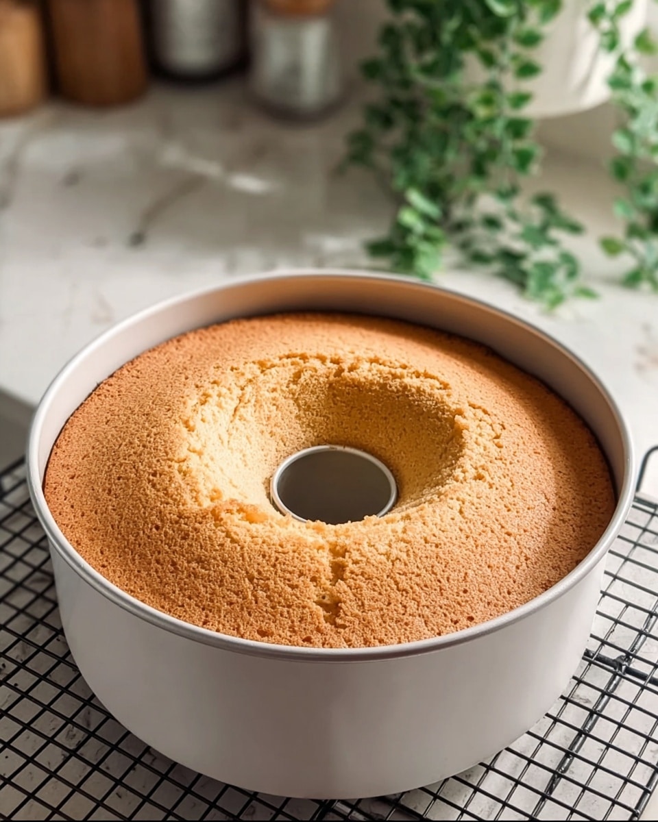 A light brown sponge cake with a slightly cracked top surface sits inside a white round tube pan with a central hole. The cake has gently risen, showing a soft texture and even crumb. The pan is placed on a black wire cooling rack over a white marbled countertop. In the background, there are some blurred kitchen items and a green trailing plant hanging down. The photo taken with an iphone --ar 4:5 --v 7