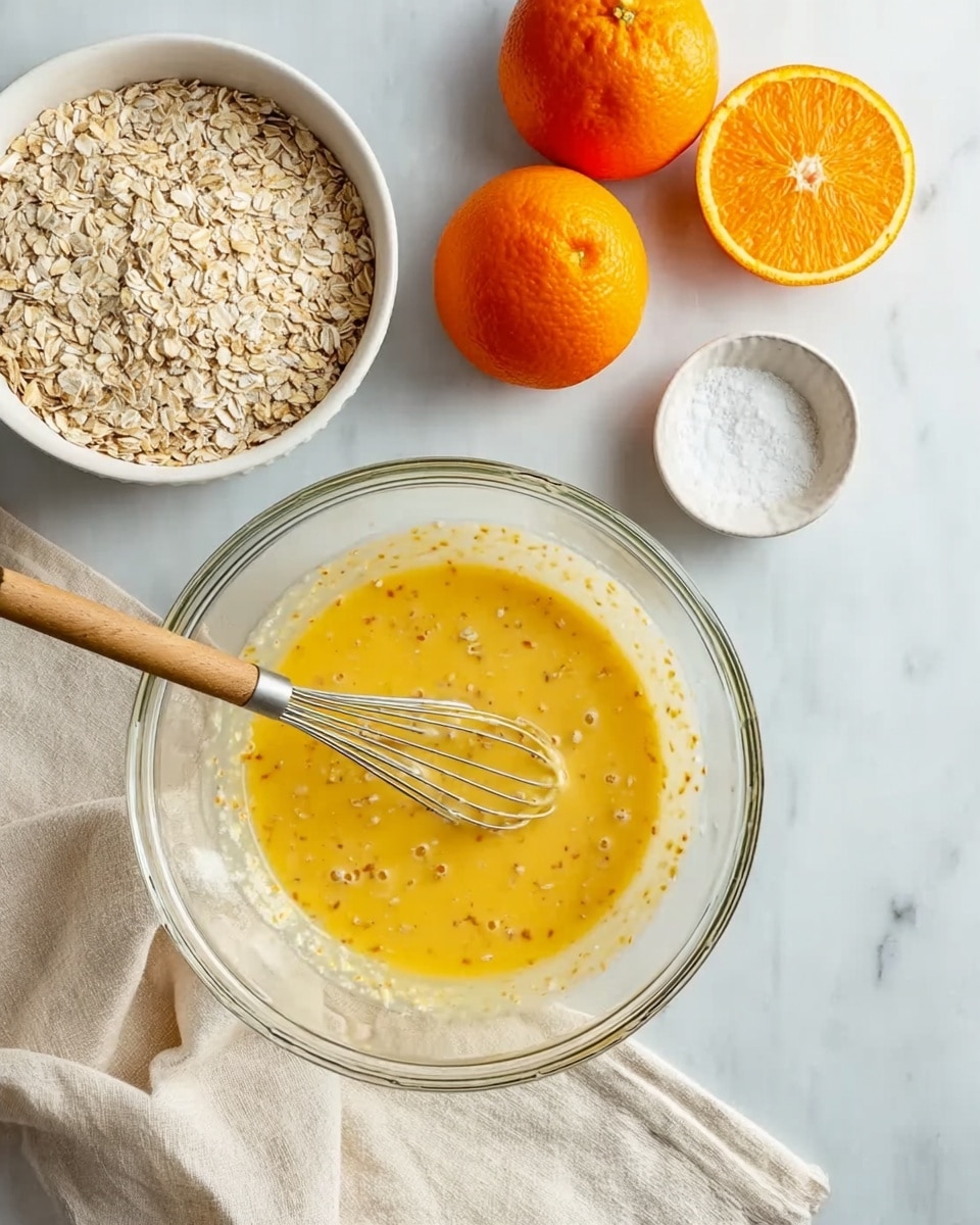 A clear glass bowl is filled with a yellow liquid mixture, with a silver whisk that has a wooden handle resting inside. Nearby, there is a white bowl filled with light beige oatmeal flakes. A small white ramekin contains salt and sits beside two whole bright orange oranges, one whole and one partially shown. The scene is set on a white marbled surface with a light beige cloth on the side. Photo taken with an iphone --ar 4:5 --v 7