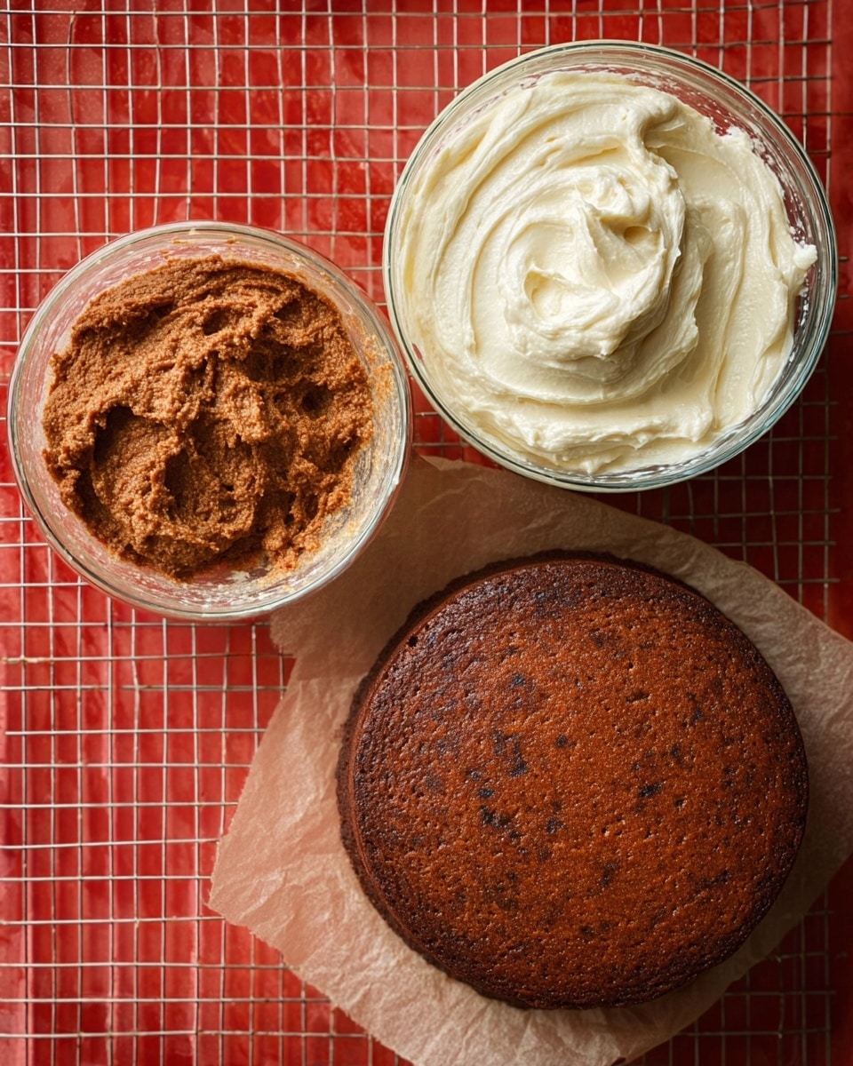 The image shows three elements on a red tiled surface: a glass bowl with thick brown batter or mixture with a textured surface, a glass bowl with smooth, creamy white frosting or batter with swirls, and a round baked brown cake layer cooling on a piece of brown parchment paper. The cake has a slightly uneven, rough top with darker spots. photo taken with an iphone --ar 4:5 --v 7