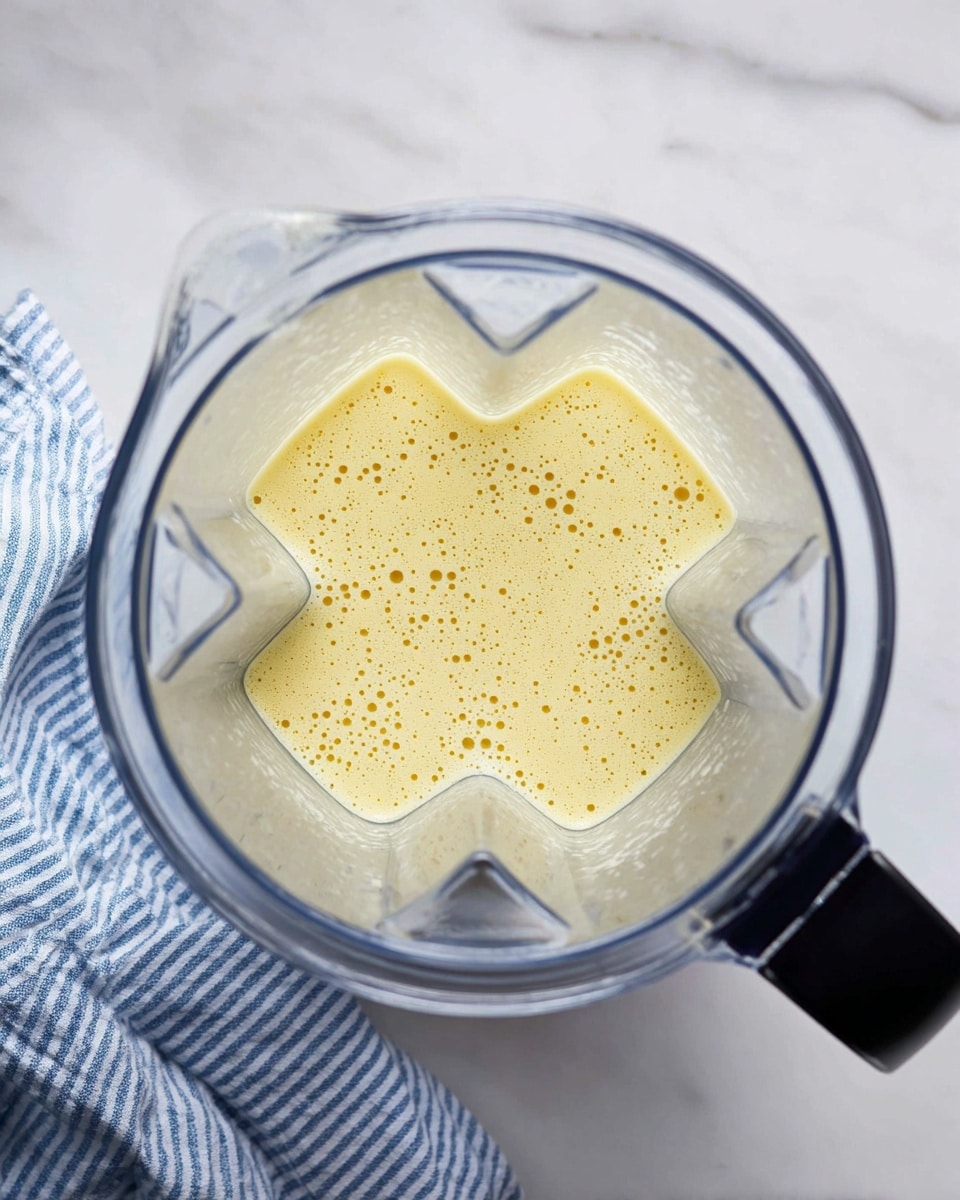 A clear blender jar filled about one-third with a light yellow, smooth liquid that has many small bubbles on its surface, the texture looks creamy and well mixed. The jar is set on a white marbled surface with a black handle on the right side, and next to it on the lower left corner is a blue and white striped cloth, softly folded. The inside walls of the blender show some slight residue from the liquid. Photo taken with an iphone --ar 4:5 --v 7