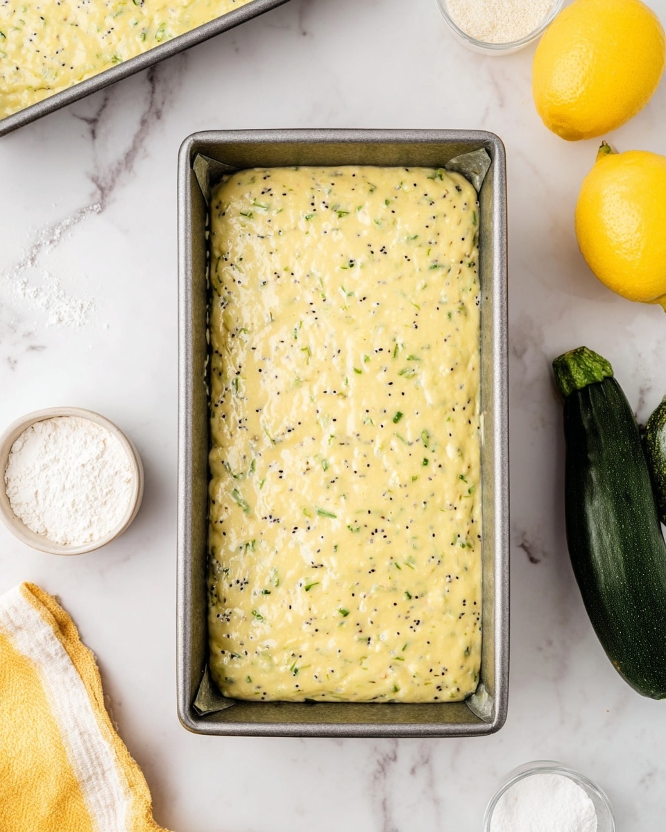A silver rectangular baking pan filled with a thick, yellow batter mixed with small black seeds and tiny green bits, evenly spread within the pan. Around the pan, on a white marbled surface, there are two whole bright yellow lemons at the top right, a dark green zucchini at the bottom right, a small white bowl with white powder at the bottom left, a small white bowl with white liquid at the right middle, and part of another baking pan filled with the same batter visible at the top left. A yellow and white cloth is partially visible at the bottom left corner. Photo taken with an iphone --ar 4:5 --v 7