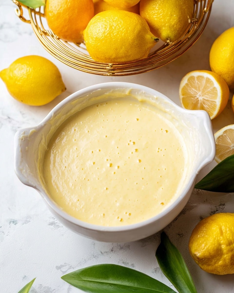 A white bowl filled with smooth, light yellow lemon batter sitting on a white marbled surface, with visible small bubbles and a creamy texture. Around the bowl, there are whole bright yellow lemons, a few lemon halves showing their juicy interior, and a golden metal basket holding more lemons. A green plant leaf can be seen in the foreground, adding a fresh touch. The scene is bright and clean, highlighting the soft batter and fresh lemons. photo taken with an iphone --ar 4:5 --v 7