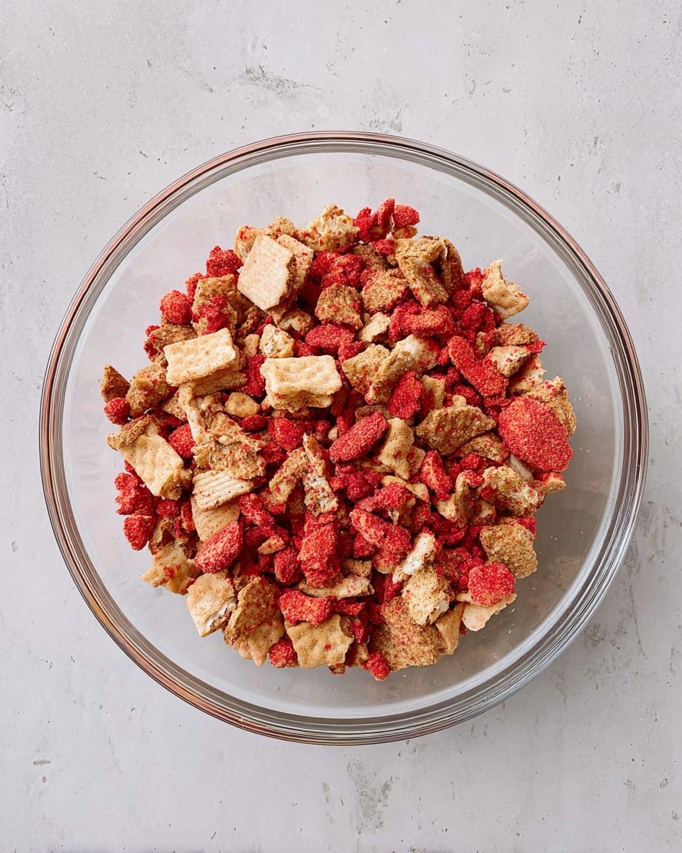 In a clear glass bowl placed on a white marbled surface, there is a mixture of broken light tan sandwich cookies and bright red freeze-dried strawberry pieces. The cookies are in various sizes with some pieces showing detailed patterns, while the red strawberries add a rough, textured, and vibrant contrast scattered evenly throughout. The overall look is crunchy and colorful, with the dry ingredients filling the bowl almost to the top. photo taken with an iphone --ar 4:5 --v 7