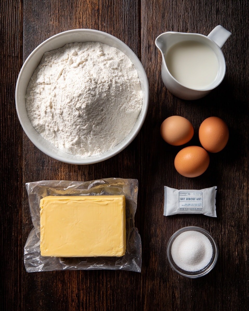 A top-down view of baking ingredients arranged on a dark wooden surface, showing a large white bowl filled with white bread flour and salt, a white measuring cup with milk, two brown egg yolks, a wrapped block of yellow butter, a small white packet of active dry yeast, and a small clear glass bowl with white granulated sugar. Each ingredient is clearly labeled with simple black and white text. The arrangement is neat and spaced out evenly across the surface, with no stacking or overlapping of items. photo taken with an iphone --ar 4:5 --v 7