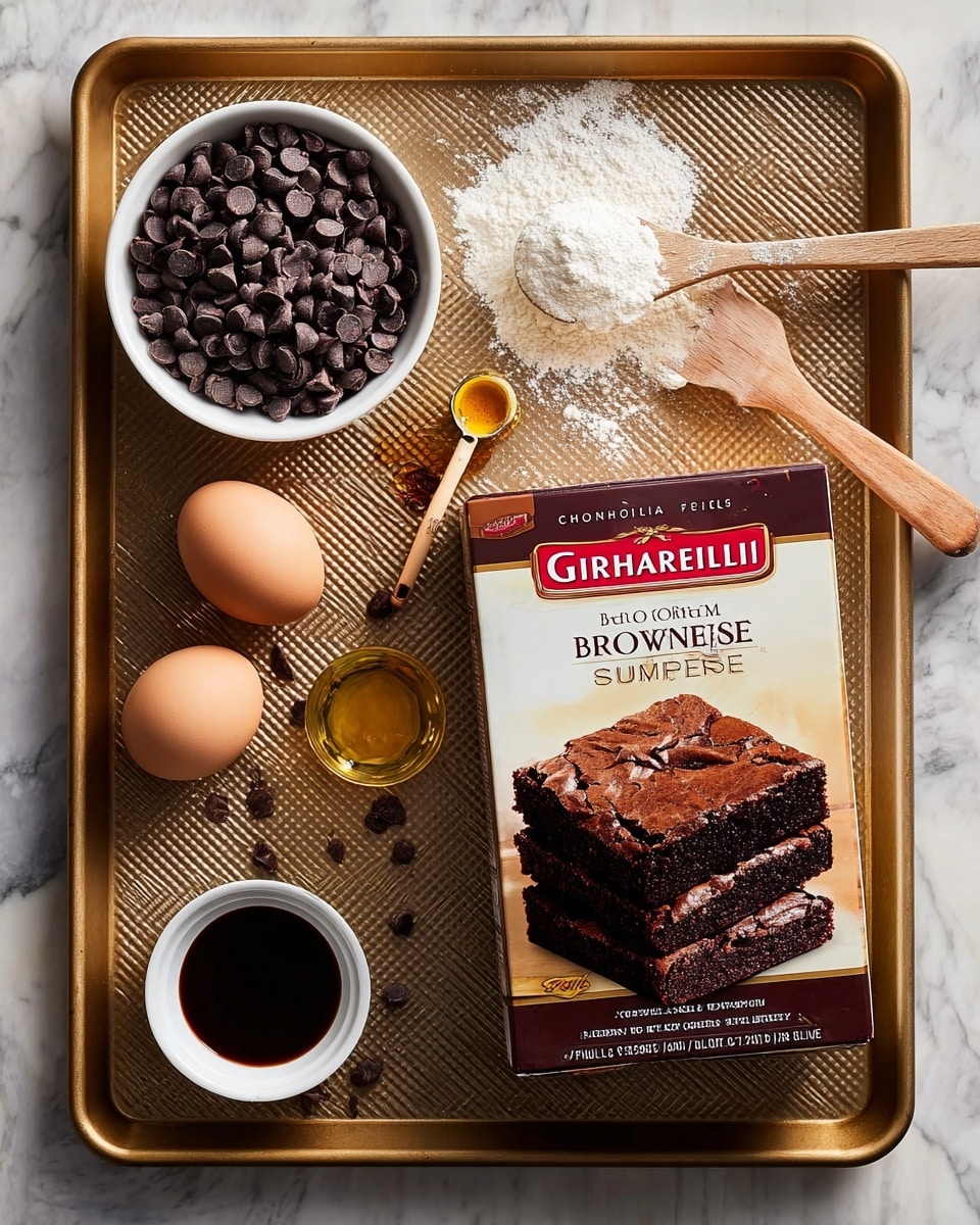 A baking tray with a textured surface holds several baking ingredients arranged neatly: a white bowl filled with dark brown chocolate chips is in the top left, two light brown eggs are placed side by side on the right, a wooden spoon with white flour sits above the eggs, a wooden measuring spoon with amber liquid (likely vanilla) is near the center, a small white bowl containing dark brown liquid is in the bottom left, and a box of Ghirardelli Premium Brownie Mix Chocolate Supreme with an image of two rich, fudgy brownies stacked on each other is positioned in the bottom right. The tray is set on a white marbled surface. photo taken with an iphone --ar 4:5 --v 7