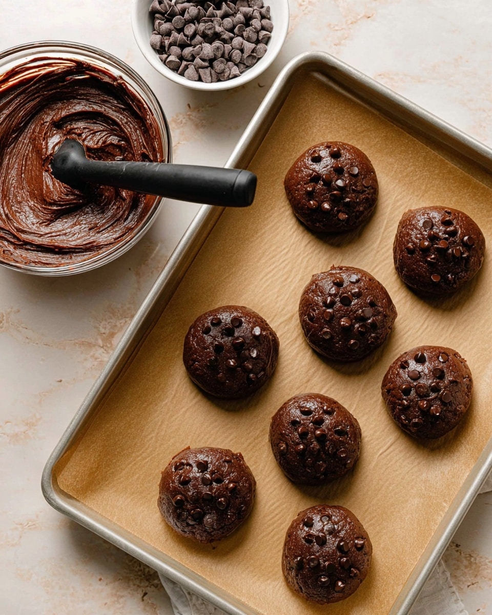 The image shows six round chocolate cookie dough balls placed on a tray lined with brown parchment paper. Each dough ball is thick and dark brown with a slight glossy texture, topped with scattered chocolate chips that add a rough texture and darker spots on each cookie. To the left of the tray, there is a clear glass bowl with thick, smooth dark brown chocolate batter inside, with a black-handled kitchen tool resting in it. Near the top left corner, a white bowl holds a pile of chocolate chips. The background is a white marbled surface with subtle veins and a clean, natural look. photo taken with an iphone --ar 4:5 --v 7