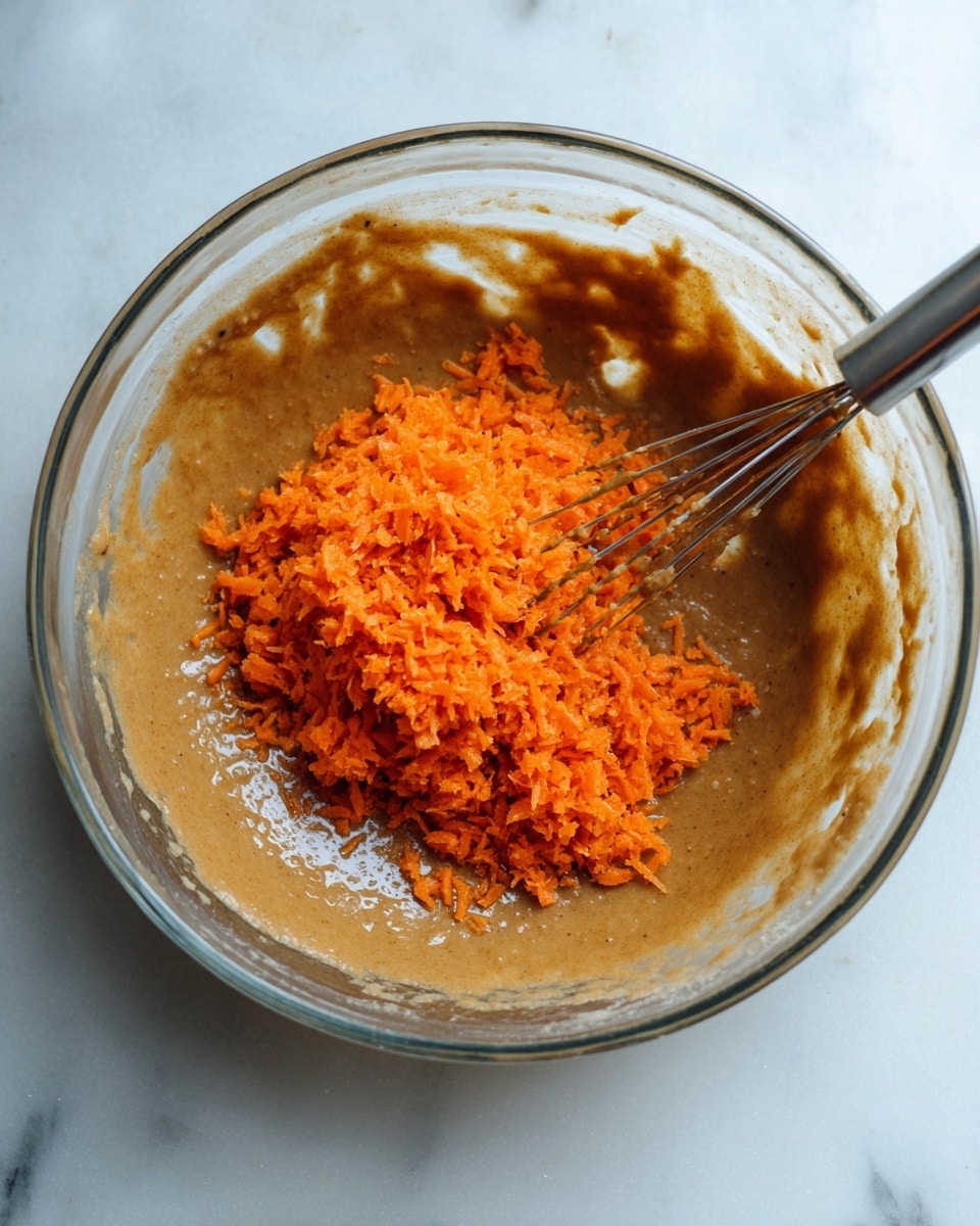 A clear glass bowl sits on a white marbled surface filled with a thick, light brown batter as the bottom layer. On top of the batter is a mound of finely grated bright orange carrot, adding a textured and colorful layer at the center. A metal hand mixer whisk is partially submerged in the mixture, touching the carrot layer and resting diagonally across the bowl. The edges of the bowl show streaks of the brown batter. photo taken with an iphone --ar 4:5 --v 7