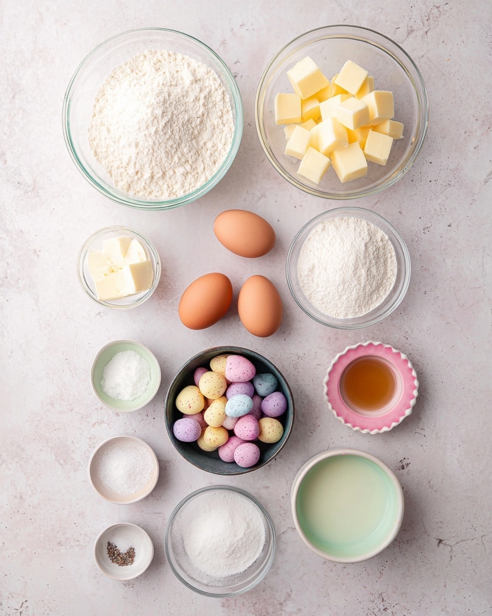 The image shows a flat lay of various baking ingredients arranged neatly on a white marbled surface. At the top left is a clear glass bowl filled with white flour. To its right is another clear glass bowl holding yellow cubes of butter. Below the flour bowl is a clear glass bowl with white granulated sugar. Further down, two brown eggs sit in a smaller clear glass bowl. Below the sugar bowl, there is a small dark bowl containing pastel-colored mini candy eggs in shades of pink, yellow, purple, and white with speckles. To the right of that is a white bowl with a faint green tint filled with cream. At the bottom left are two small light green dishes with salt and baking powder. Next to these, toward the bottom center, is a pink-edged bowl containing white powdered sugar. At the bottom right, there is a white small bowl holding a light brown vanilla liquid. Everything is placed on a light, clean white marbled background. photo taken with an iphone --ar 4:5 --v 7