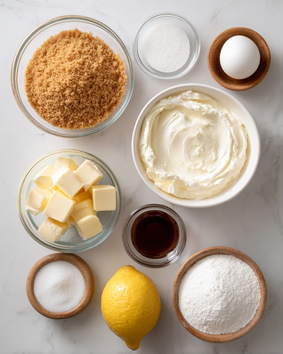 The image shows a flat lay of ingredients on a white marbled surface, each in clear glass bowls or displayed naturally. There are seven main ingredients: a bowl of light brown crushed graham crackers at the top left, a tiny bowl of white salt above the center, a large bowl of smooth white cream cheese in the middle, a bowl of white granulated sugar below the graham crackers, a small bowl with several pale yellow butter cubes to the right of the sugar, a small dark brown liquid in a bowl labeled vanilla above butter, and a whole bright yellow lemon placed below the salt. On the top right, there is one white egg placed in a small wooden bowl. At the bottom right, a bowl of white powdered sugar is also present. Each ingredient has a white label with black text above or over it. photo taken with an iphone --ar 4:5 --v 7
