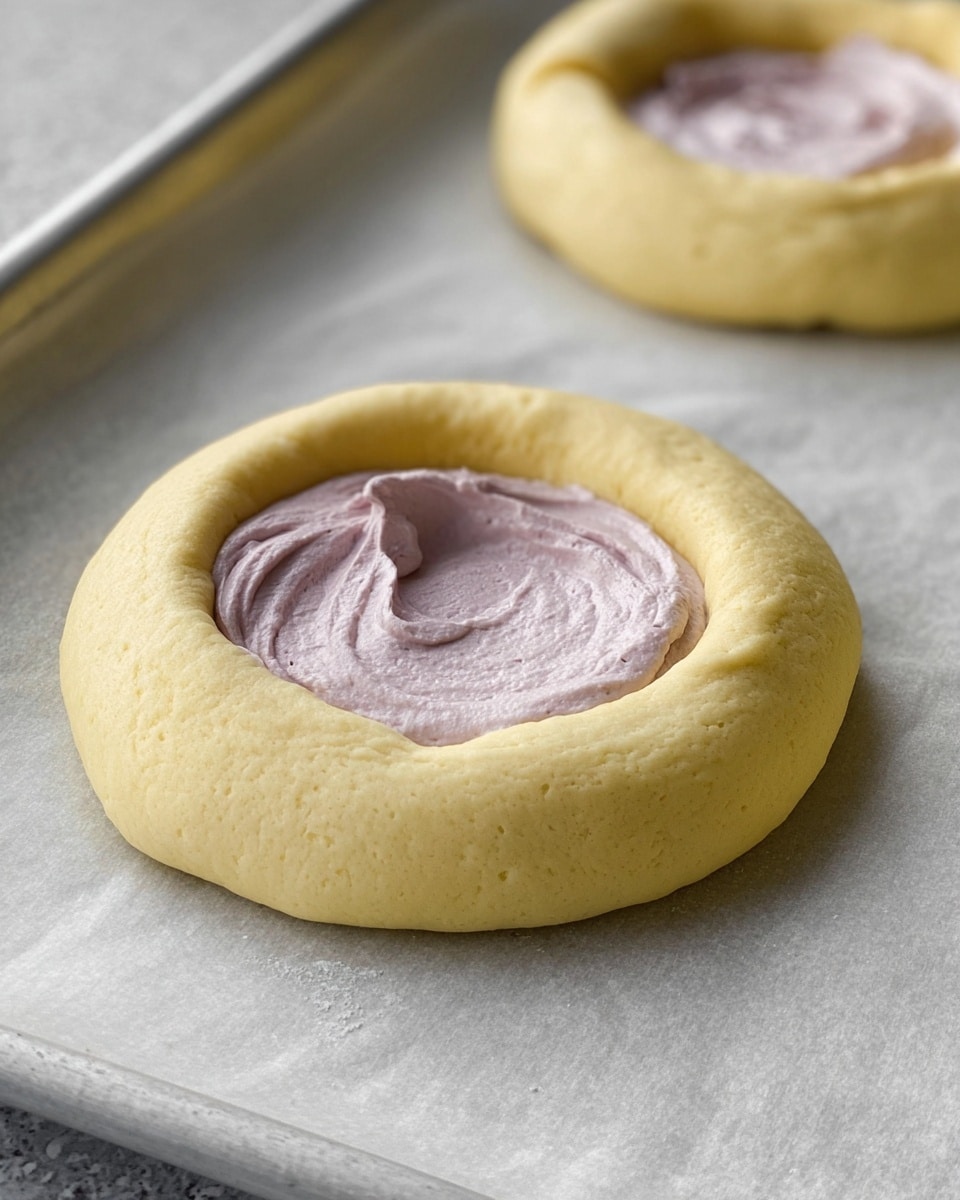 The image shows a close-up of an uncooked round dough ring with a smooth, pale yellow surface and a slightly raised, thick edge. Inside the ring is a single layer of light purple, creamy filling that has a smooth and slightly swirled texture, filling the dough circle almost to the edge. The dough is placed on a white marbled textured surface covered with parchment paper, and a baking tray edge is visible. Another similar dough ring is blurred in the background. Photo taken with an iphone --ar 4:5 --v 7