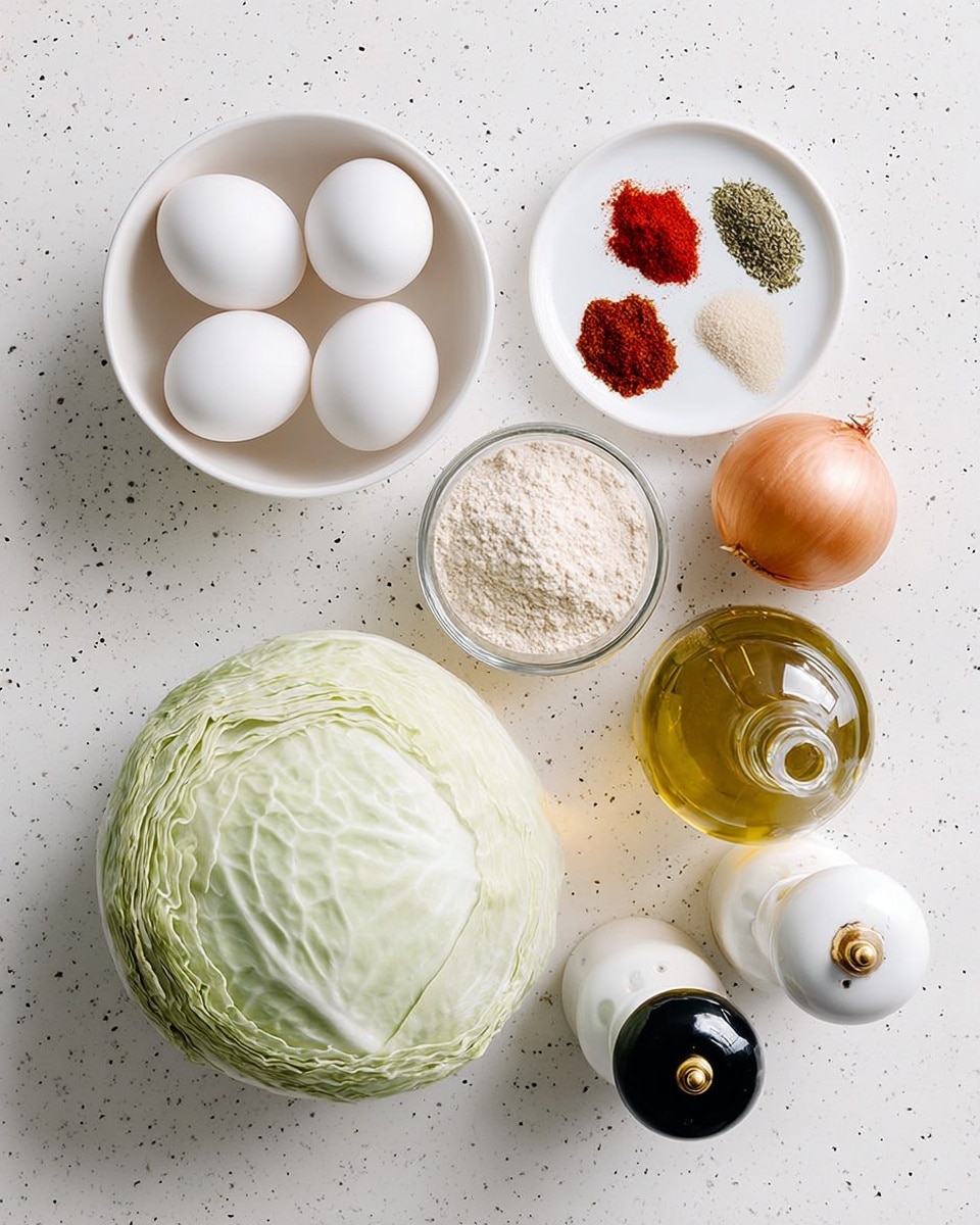 The image shows ingredients arranged on a white marbled surface with small black specks. Starting from the top left, there is a white bowl holding four white eggs. To the right of the eggs, a small white plate holds three spices in separate piles—red, green, and light tan. Below the spices, a single medium brown onion rests on the surface. At the bottom left, there is a large pale green cabbage with tightly packed leaves. Nearby, a small glass bowl contains light brown flour with a fine texture. Next to it, a glass bottle filled with golden olive oil has a cork stopper. Closing the right side are two round, white and black salt and pepper shakers with golden caps. The photo taken with an iphone --ar 4:5 --v 7