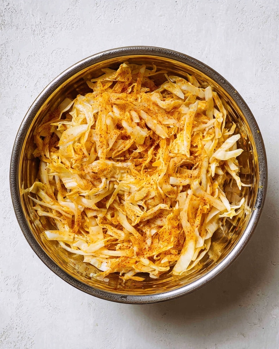 A metal bowl filled with thin, shredded cabbage that is light yellow with hints of orange spices mixed in, giving it a slightly warm tone. The cabbage pieces are unevenly long and scattered, layered loosely in the bowl with some spices visible on the surface and sides. The bowl sits on a white marbled textured surface that contrasts with the orange and yellow colors of the cabbage mixture. The lighting is bright and natural, showing the texture of the shredded cabbage clearly. photo taken with an iphone --ar 4:5 --v 7
