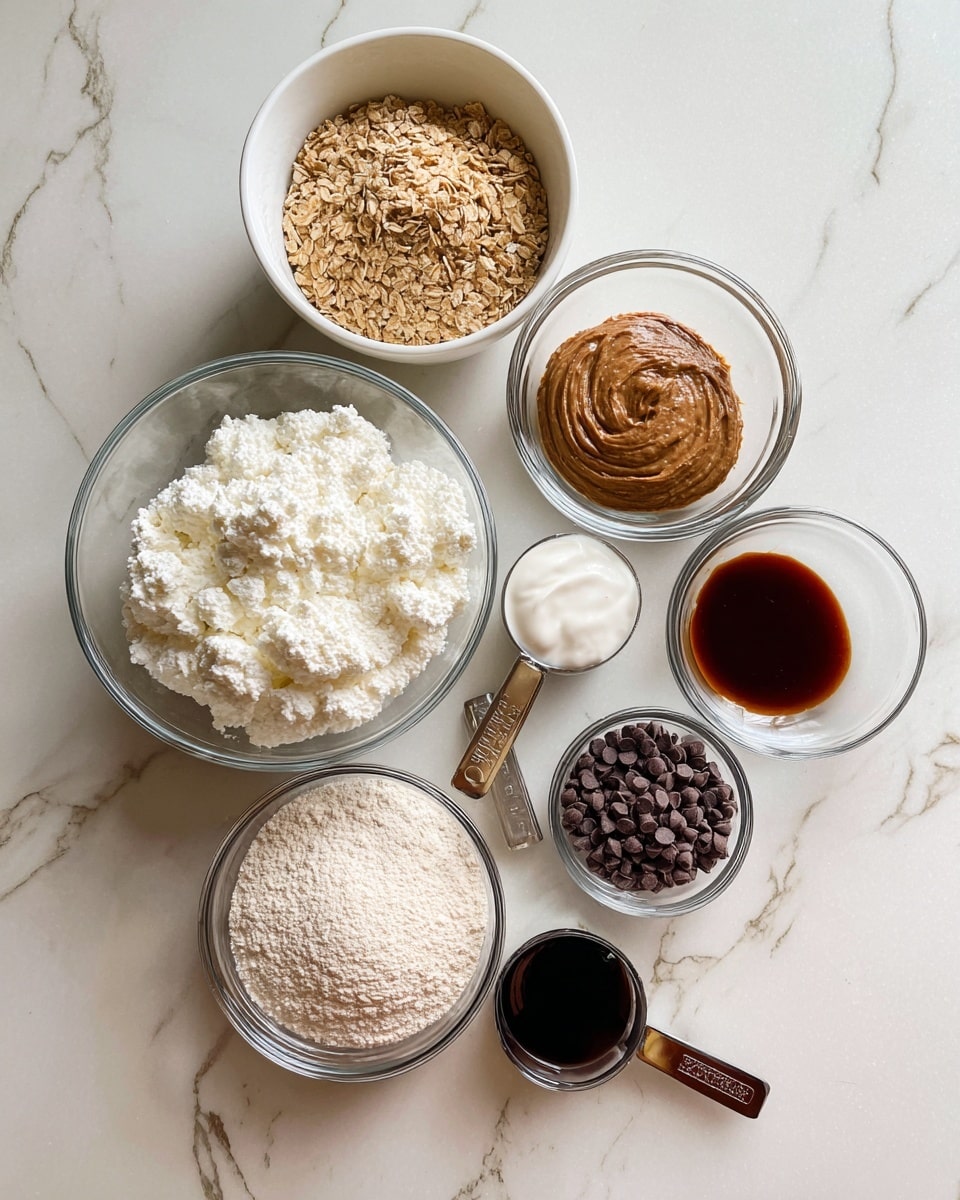 The image shows eight bowls and two measuring scoops arranged neatly on a white marbled surface. Starting from the top, there is a white bowl filled with light brown granola, below it on the left is a large clear glass bowl full of white cottage cheese with a bumpy texture, and to its right is a small clear glass bowl holding smooth brown almond butter. Next to the almond butter is a small clear bowl filled with dark brown vanilla extract. Below that is another clear bowl with dark chocolate chips. At the bottom, there is a white bowl filled with light beige flour. Two measuring scoops lay on the surface: one scoop has thick white yogurt, and the other holds dark liquid, possibly maple syrup. The bowls and scoops are spaced evenly with no overlaps. photo taken with an iphone --ar 4:5 --v 7