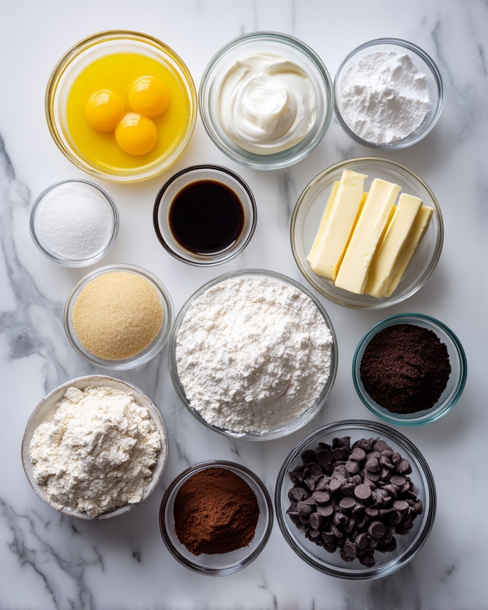 The image shows twelve small clear glass bowls arranged on a white marbled surface. Each bowl contains a different baking ingredient: one with bright yellow raw egg yolk, a small bowl of pale yellow butter sticks, a bowl of white heavy cream, a bowl of white sugar, a small bowl of light grey salt, a small bowl of white cornstarch, a small bowl of dark brown vanilla extract, a medium bowl of white powdered sugar, a medium bowl of all purpose flour with a slightly rough texture, a bowl of light brown packed light brown sugar, a small bowl of dark brown cocoa powder with a fine texture, and a medium bowl filled with dark brown to black chocolate chips, which have a smooth texture. All bowls are evenly spaced with clear labels on each ingredient. Photo taken with an iphone --ar 4:5 --v 7