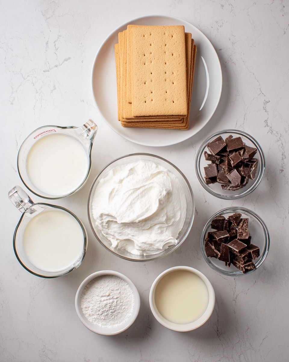 The image shows six bowls and plates with ingredients arranged on a white marbled surface. At the top center on a white plate, there are four rectangular light brown graham crackers stacked in a neat pile. Below and a bit to the center right, there is a white bowl filled with smooth, fluffy white whipped cream. To the right, a white bowl holds small, uneven dark chocolate chunks. On the left side, there are two glass measuring cups, both nearly full of white milk. Near the bottom right, there is a small white bowl with a light cream-colored liquid. At the bottom left, a small white bowl contains a white powdery substance, likely sugar or flour. The arrangement is clean and simple, with clear separation between each ingredient. photo taken with an iphone --ar 4:5 --v 7