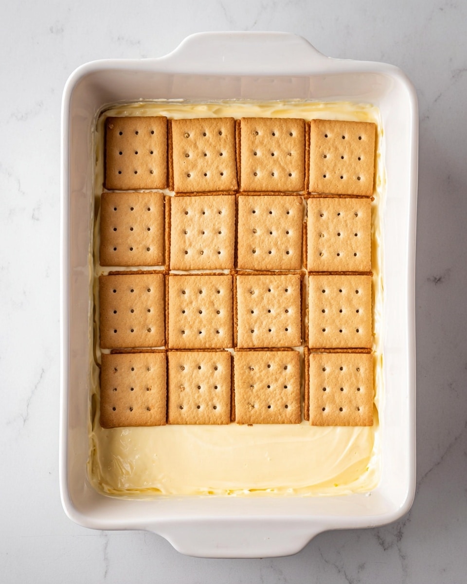 The image shows a white rectangular baking dish filled with a dessert that has two visible layers. The bottom layer is smooth and creamy with a pale yellow color, covering the entire base of the dish. On top, there is a single layer of square-shaped light brown crackers neatly arranged in three rows, covering the cream layer almost fully except for a small part on one side where the crackers are cut to fit. The dish rests on a white marbled surface. photo taken with an iphone --ar 4:5 --v 7