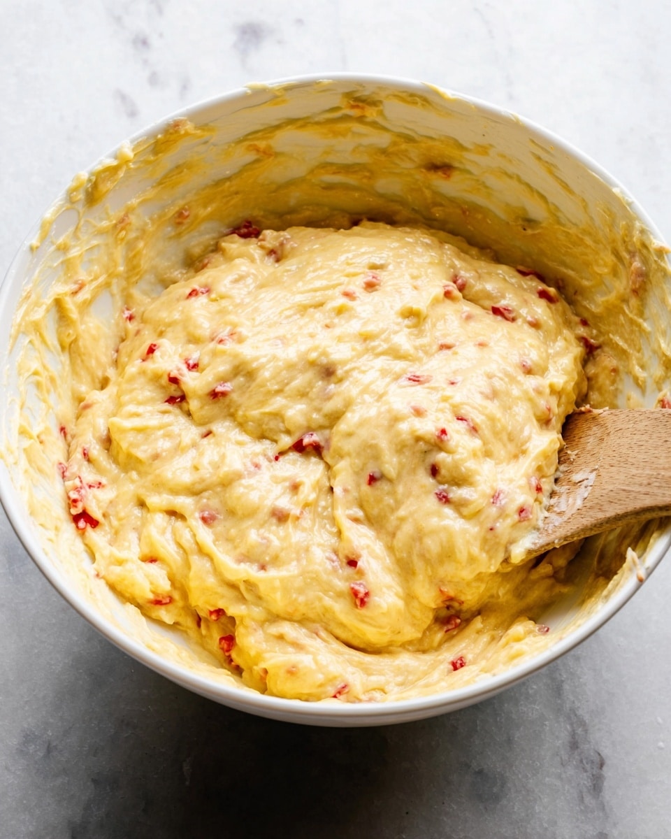 A close-up view of a white bowl filled with thick, creamy yellow batter mixed with small red pieces evenly spread throughout. The batter has a slightly lumpy texture, showing some folds and air pockets, while the inside edge of the bowl has batter smeared in a rough pattern. A wooden spoon is partially embedded in the batter on the right side, resting against the bowl’s side. The background is a white marbled surface. photo taken with an iphone --ar 4:5 --v 7