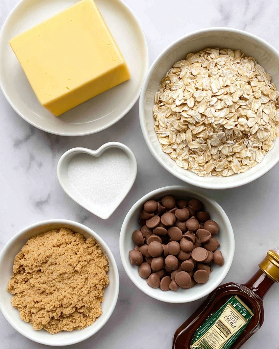 The image shows six items arranged on a white marbled surface. At the top left, there is a white plate with a solid yellow block of butter. To the right of the butter, a large white bowl is filled with light beige rolled oats. Below the oats, in the center, is a small white heart-shaped bowl holding white granulated sugar. To the right of the sugar, there is a white bowl filled with smooth, round, milk chocolate chips in a rich brown color. Below the oats and sugar, another white bowl contains light brown crushed graham crackers with a slightly grainy texture. At the bottom right corner, a brown glass bottle with a green and yellow label is lying diagonally across the surface. Photo taken with an iphone --ar 4:5 --v 7