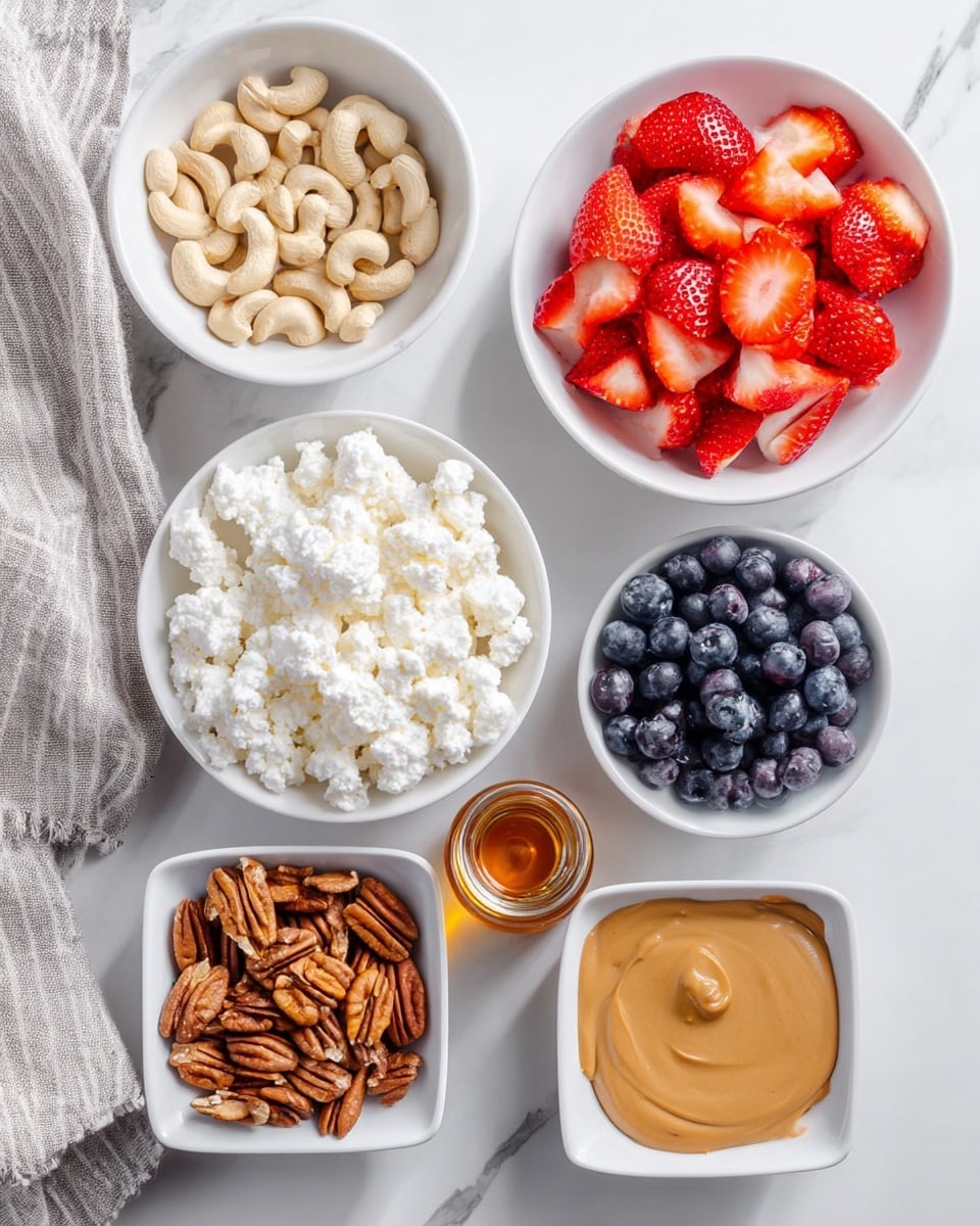 The image shows six white bowls with different ingredients arranged on a white marbled surface. In the top right, a bowl filled with bright red sliced strawberries and dark blue whole blueberries. Below it, a bowl with white cottage cheese that has a soft, lumpy texture. To the left of the cottage cheese, a bowl holding light beige cashew nuts, and above it, a bowl with brown pecans. On the bottom right are two square white bowls; one holds golden honey and the other holds smooth light brown peanut butter. Between the bowls of peanut butter and cottage cheese is a small bottle of amber-colored liquid. A gray and white striped cloth napkin is partly seen at the top left corner. The photo is taken with an iphone --ar 4:5 --v 7