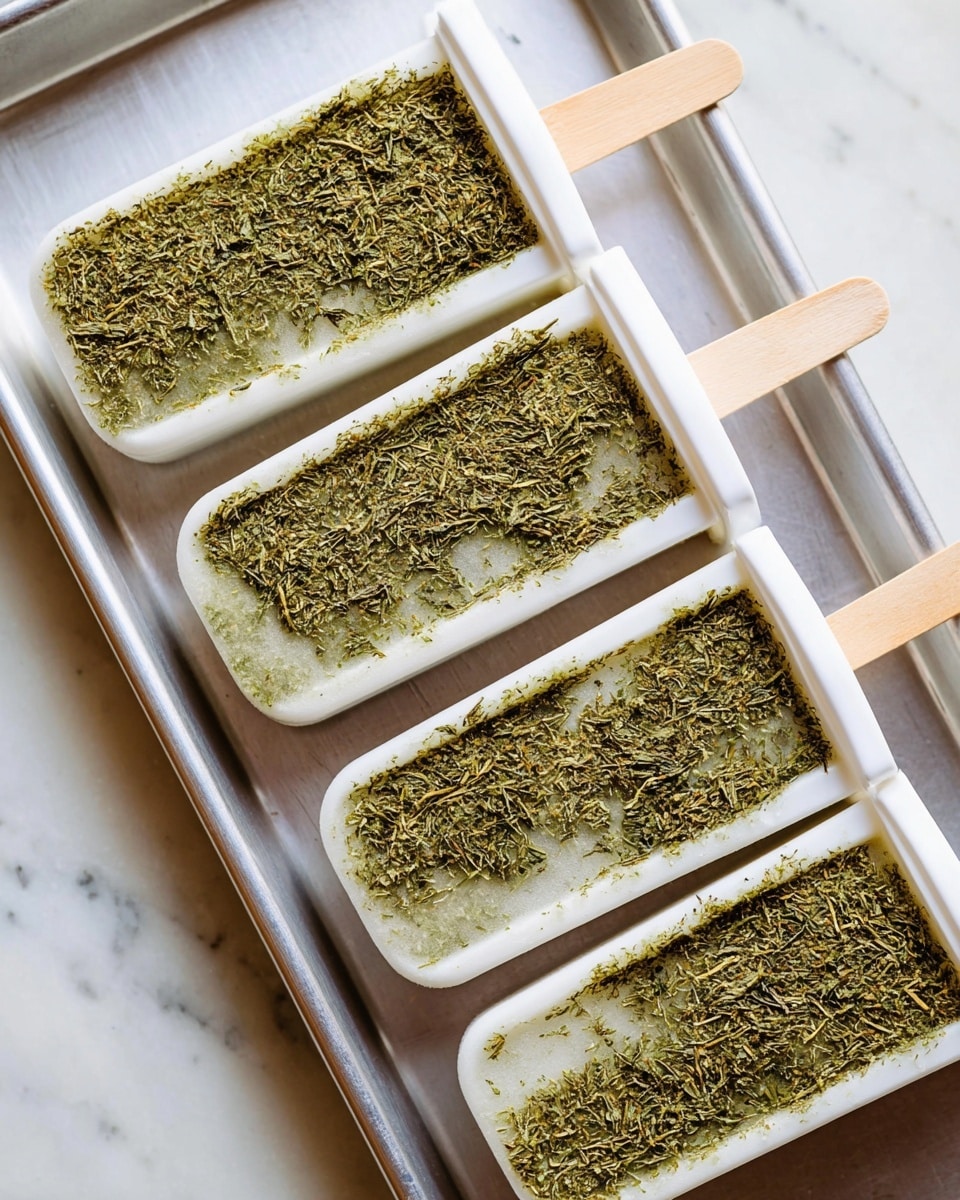 The image shows two white popsicle molds filled with a green mixture that looks like it has dried herbs or leaves on top, giving a textured, slightly rough surface. Each mold holds four rectangular popsicles with rounded edges, each having a pale wooden stick inserted at the bottom. The popsicles have only one visible green layer, dense with herb-like particles, and are placed on a metal tray. The background is a white marbled surface. photo taken with an iphone --ar 4:5 --v 7