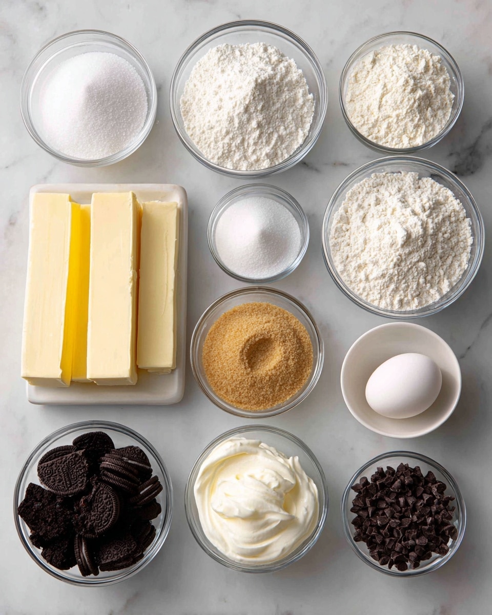 A white marbled surface holds twelve clear glass bowls and a stick of butter arranged in a neat grid. Starting from the top left, there is a small bowl filled with white sugar, next to it a larger bowl with powdered sugar, and then a similarly sized bowl with all-purpose flour, all white powders with varying textures. Below them, a small bowl of dark Oreo crumbs sits left of two sticks of light yellow butter in their wrappers, and a small bowl filled with light brown sugar is to their right. Further down, from left to right, there is a small bowl with chopped dark Oreo pieces, a bowl with white heavy cream, a small bowl with an egg, and lastly, a small bowl full of dark chocolate chips. Small labels in black text float above each ingredient. Photo taken with an iphone --ar 4:5 --v 7