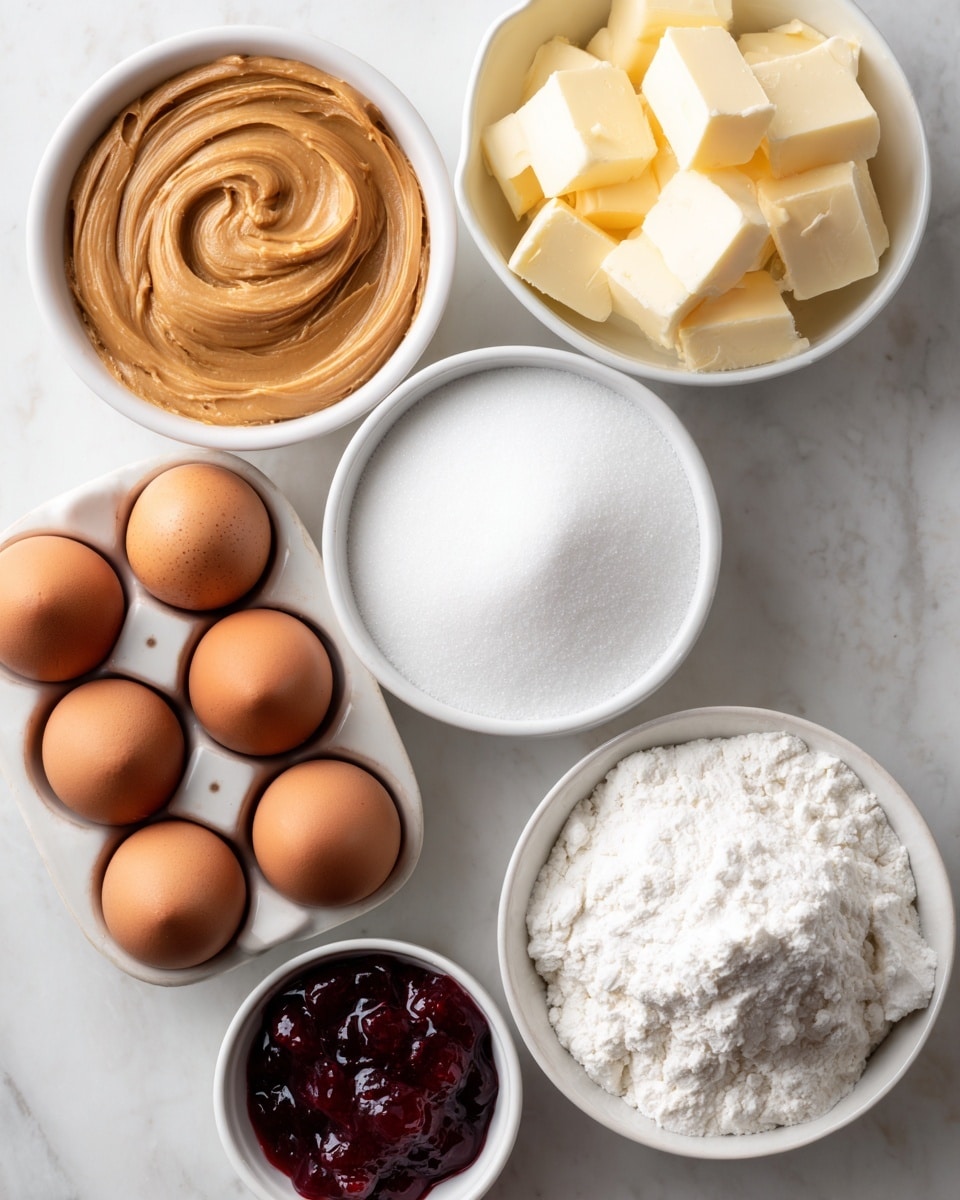 The image shows a white cooling rack on a white marbled surface with several round, light brown cookies. Some cookies have a smooth, creamy beige layer of peanut butter spread on top, while others have a shiny, deep red layer of jelly spread evenly. The cookies with peanut butter and jelly are arranged separately but alternating on the rack. A silver knife with some peanut butter on its blade rests diagonally on the rack near the top left corner, with a woman's hand just out of frame spreading peanut butter on one cookie. The texture of the peanut butter is smooth and thick, while the jelly looks glossy and slightly translucent. Photo taken with an iphone --ar 4:5 --v 7