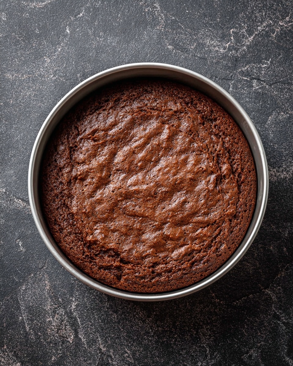 The image shows a single-layer chocolate cake in a round silver baking pan. The cake has a rich, dark brown color with a slightly wrinkled and cracked surface texture, giving it a homemade look. The pan sits on a dark rough surface which should be changed to a white marbled texture. There are no other layers or decorations visible on the cake. photo taken with an iphone --ar 4:5 --v 7