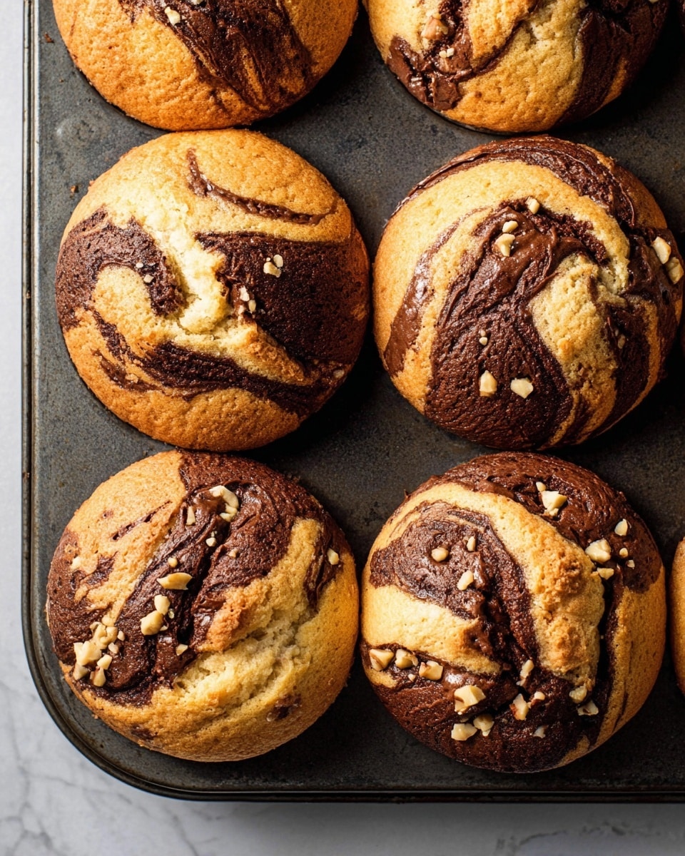 A close-up of six round muffins in a dark metal baking tray resting on a white marbled surface. Each muffin has a golden-brown textured top with swirls of smooth dark chocolate spread mixed in, creating a marbled pattern. Some muffins show small bits of chopped nuts sprinkled on top, adding a bit of roughness. The muffins are closely placed, showing soft, slightly cracked tops that reveal a light, fluffy inside. The chocolate swirls vary in thickness, wrapping around the muffins in uneven bands and curves. Photo taken with an iphone --ar 4:5 --v 7