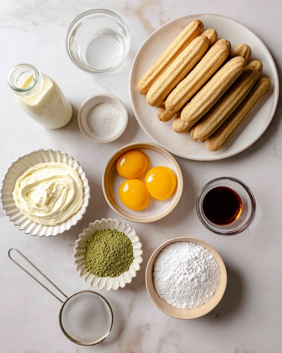 The image shows ingredients arranged on a white marbled surface. On the top right, there is a white plate filled with many long, light brown ladyfinger cookies stacked closely. To the left of the plate, there is a small glass bottle filled with a light cream liquid. Below it, a small bowl holds a creamy, white cheese spread with a soft texture. Next to it on the right, a transparent glass bowl contains clear water. Below, a beige bowl holds three bright yellow egg yolks with shiny surfaces. At the center left, a small white bowl with fluted edges contains a heap of green matcha powder. To the right and slightly higher, a small round beige bowl is filled with white granulated sugar. At the bottom left, a small white bowl with scalloped edges holds a small amount of dark brown vanilla extract. A fine metal sieve is placed next to the bowls on the left side. The overall light and soft arrangement emphasizes the different textures and colors of the baking ingredients. photo taken with an iphone --ar 4:5 --v 7
