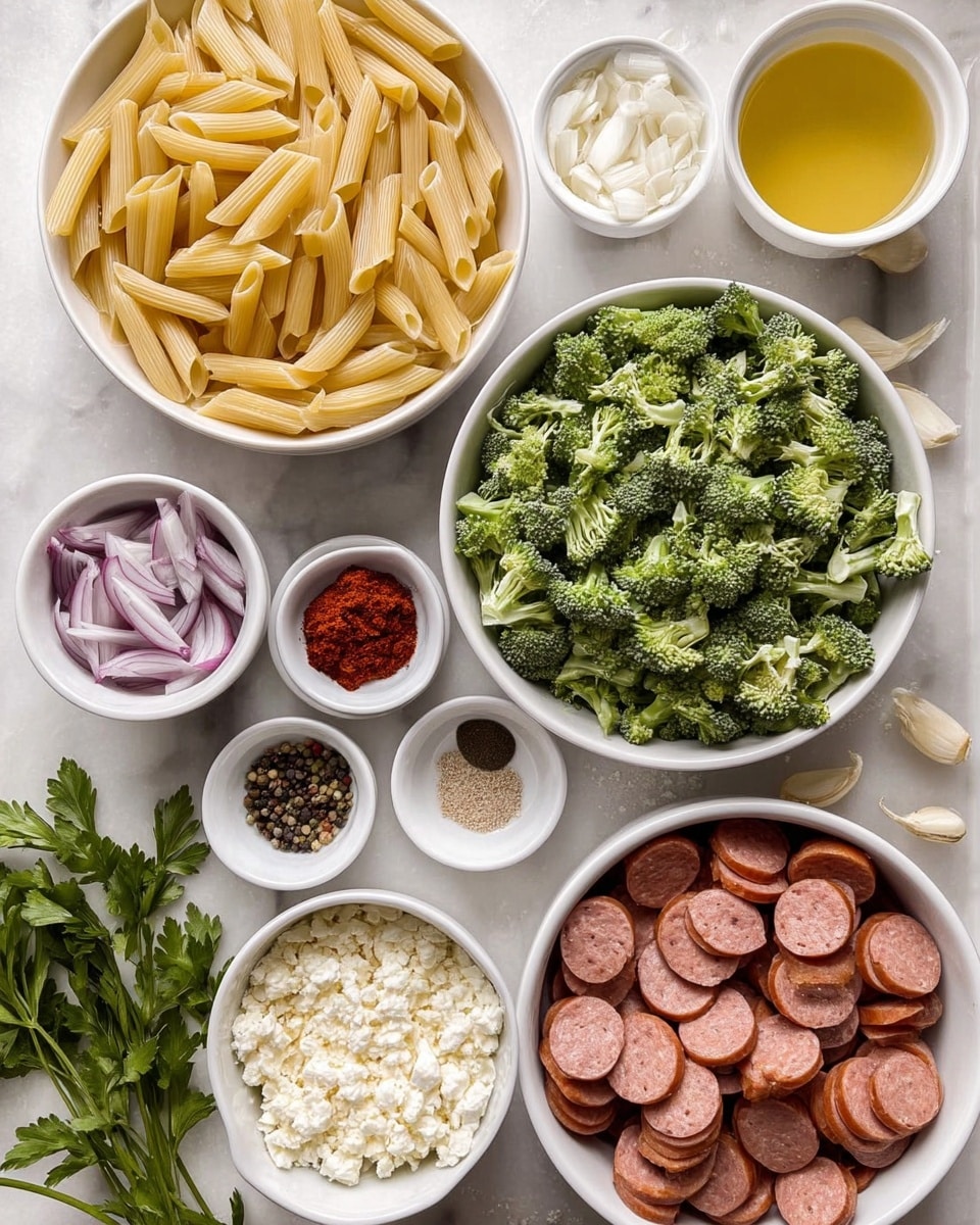 The image shows several white bowls arranged on a white marbled surface. The top left bowl is filled with uncooked penne pasta, yellow-beige in color and smooth in texture. To its right is a small bowl with yellow liquid, and next to that is a dish with a light brown broth. Below the broth are two small white dishes: one with a red paste and another with six different spices, each a small colorful pile, including shades of brown, red, black, and white. Center right is a large bowl filled with chopped green broccoli pieces, showing a dense texture. Below that is a bowl full of sliced sausage rounds, reddish-brown outside with a pinkish center. Bottom right holds a bowl of white crumbled cheese, rough in texture. To the left, a small white dish contains chopped garlic and diced shallots, purple and white in color. At the bottom left are white salt crystals and some fresh green parsley sprigs. The photo taken with an iphone --ar 4:5 --v 7